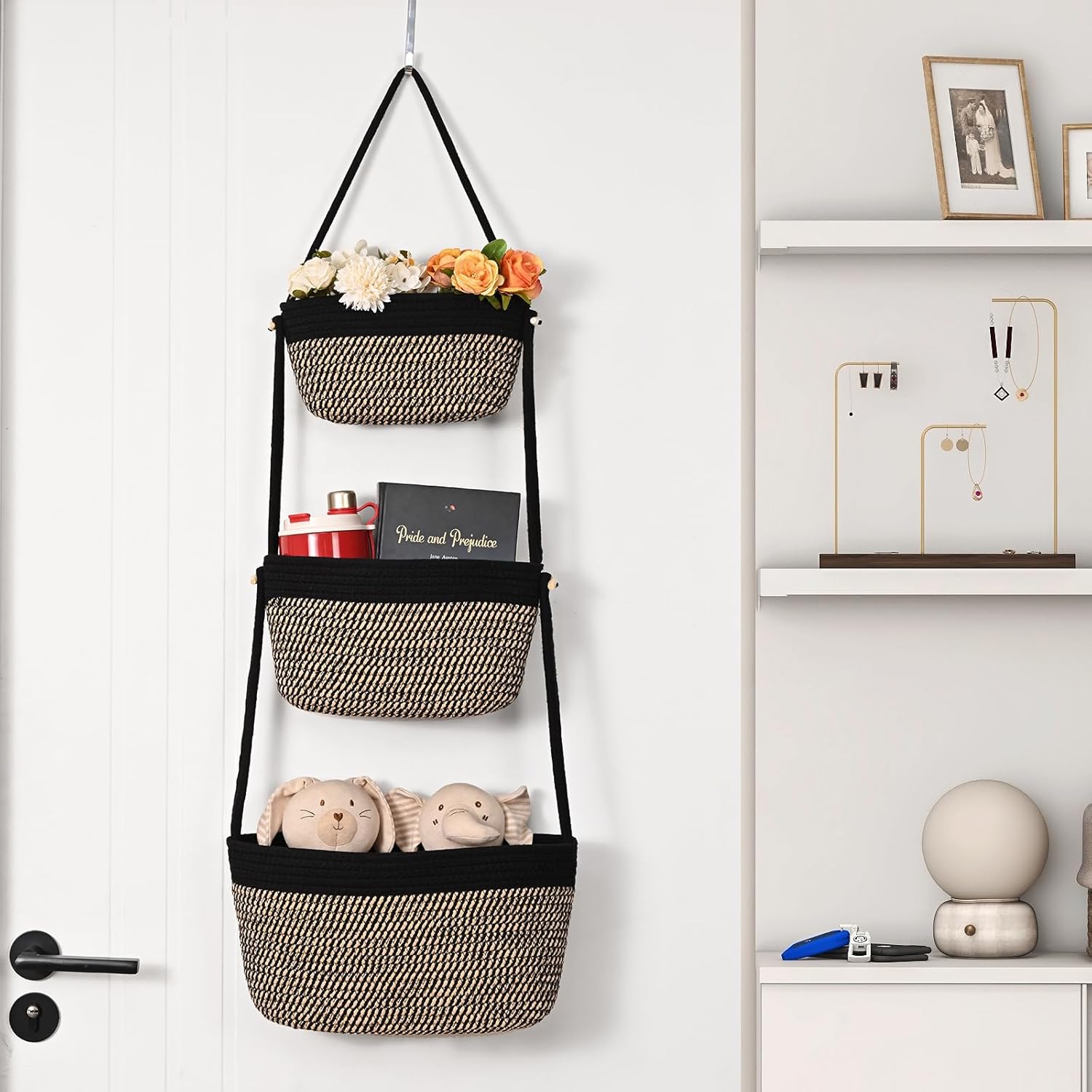 Hanging Storage Baskets, Over the Door Basket, Cotton Wall Baskets Storage, Hanging Door Basket with 4 Hooks