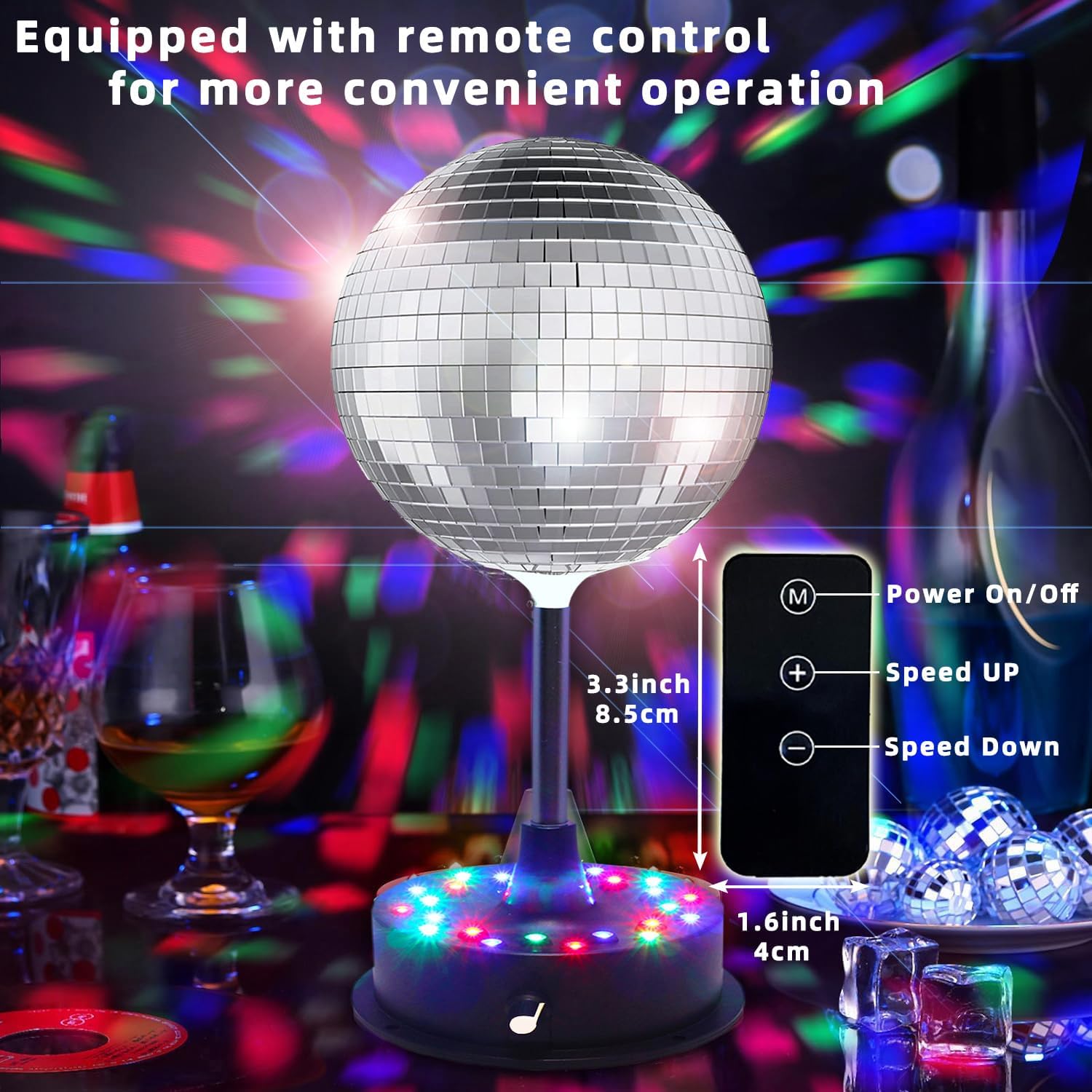 6'' Mirror Disco Ball with 24 LEDs Remote Control 5-9 RPM Adjustable Rotating Motor Base Disco Lamps Ceiling Decor for Show Party Dancing Hall Club KTV Nightclubs Bars
