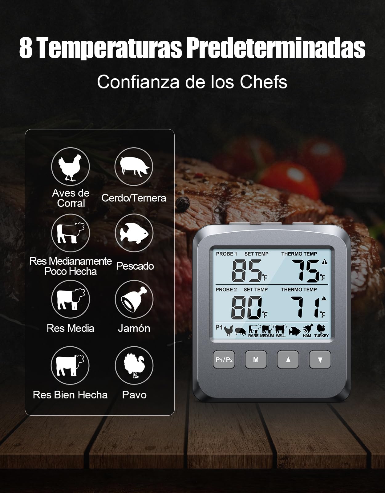 CIRYCASE Termómetro Cocina con 102cm Doble Sonda, Termometro Horno Digital para Cuisine, Comida, Barbacoa, Liquidos y Aceite, Doméstico Termómetro Carne con Gran Pantalla LCD & Alarma - ℃/℉ Conmutable
