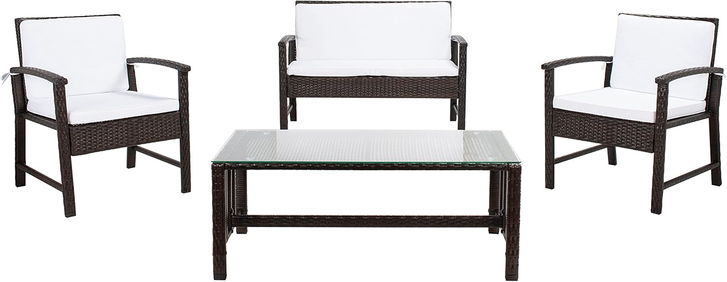 SAFAVIEH Outdoor Collection Krissy Wicker Cushion 4-Piece Living Set PAT7711C, Brown/White