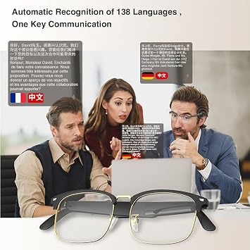 Ai Translator Glasses, Translator Smart Glasses, Smart Bluetooth Glasses, Music Bluetooth Sunglasses, Supports 138 Languages for Traveling,Doing Business and Making Friends (Black Silver)