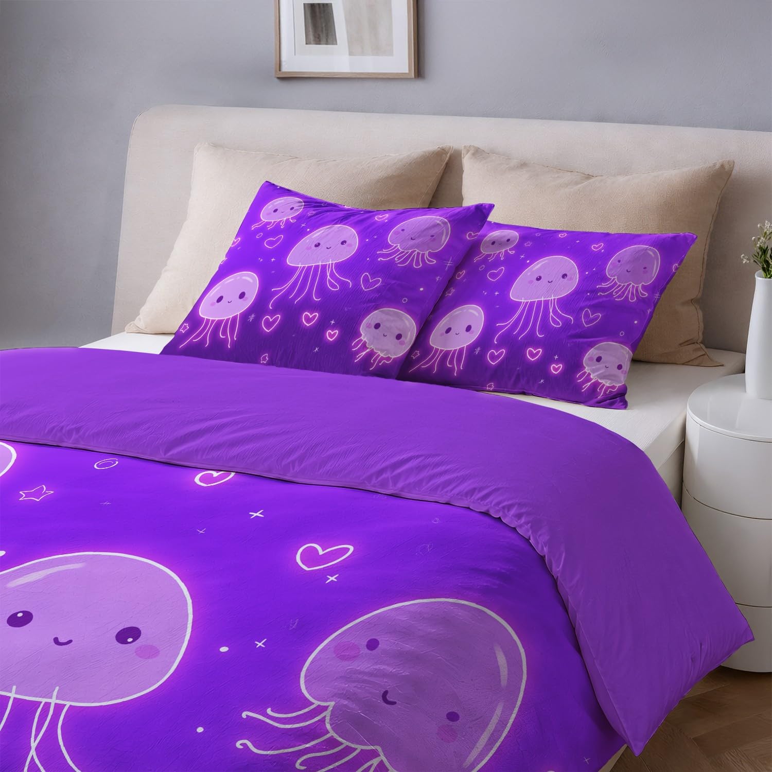 Zestaw pościeli Anime 180 x 220 cm urocza kreskówka meduza fioletowy różowy zestaw pościeli 2-osobowy zestaw poszewek z mikrofibry bawełna z zamkiem błyskawicznym i 2 poszewkami na poduszki 65x65cm