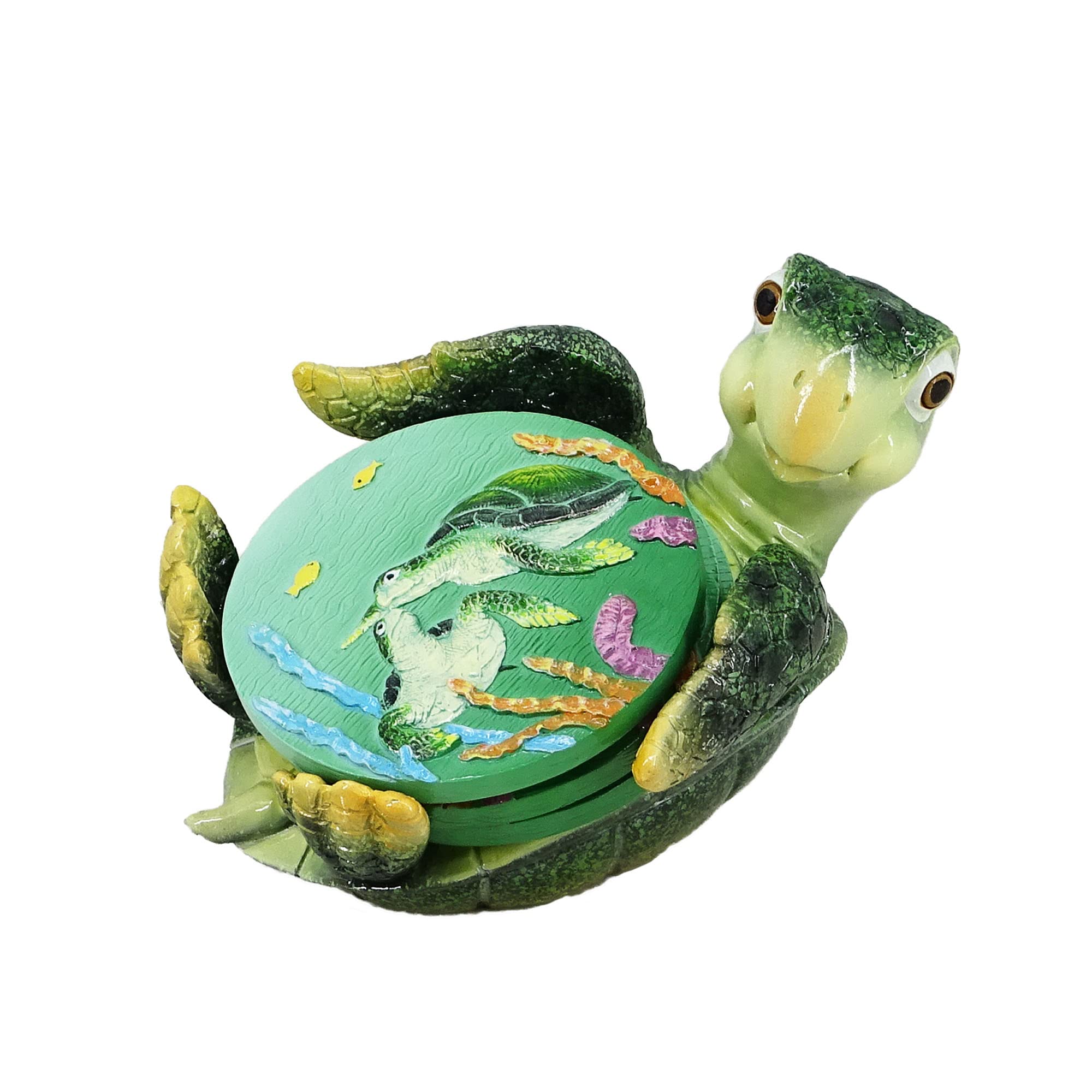 Coasters for Drinks 3”D., Resin Mother & Baby Seaturtle Coasters with Holder. Round Water-Proof Quick-Drying Coaster. Sea Turtle Ocean Animal Landscape Cup Mats(3pcs) (Green)