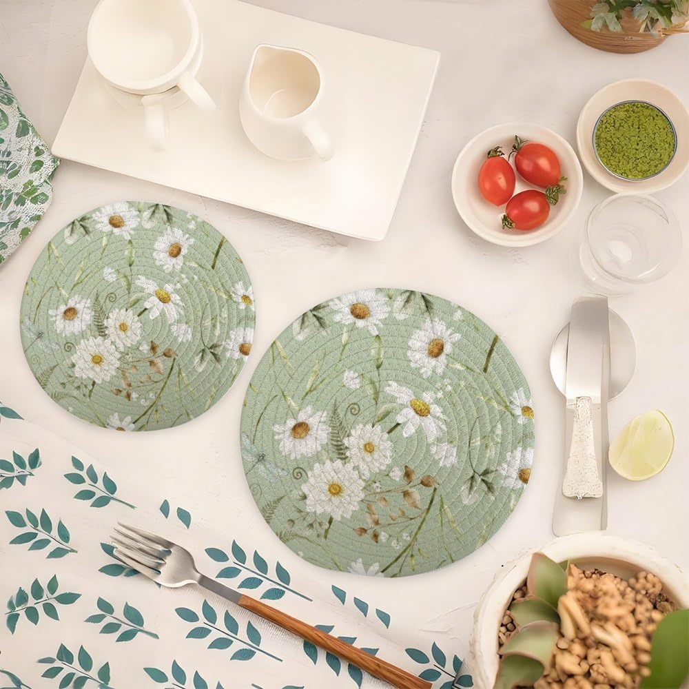 Daisy Pattern with Dragonfly Elegant 2 Pcs Round Woven Pot Holders Trivets Set, Cotton Coasters Placemats for Cooking Baking Hot Dish Pan Pot Bowl Teapot