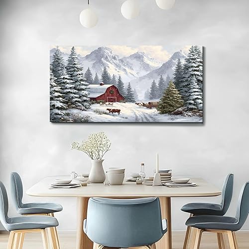 Miniatura 4 de 20"x 40" Canvas Wall Art Christmas Tree Red Barn Cow drawn Sleigh Rustic Vintage Framed Pictures Painting Prints Large Wall Art for Living Room