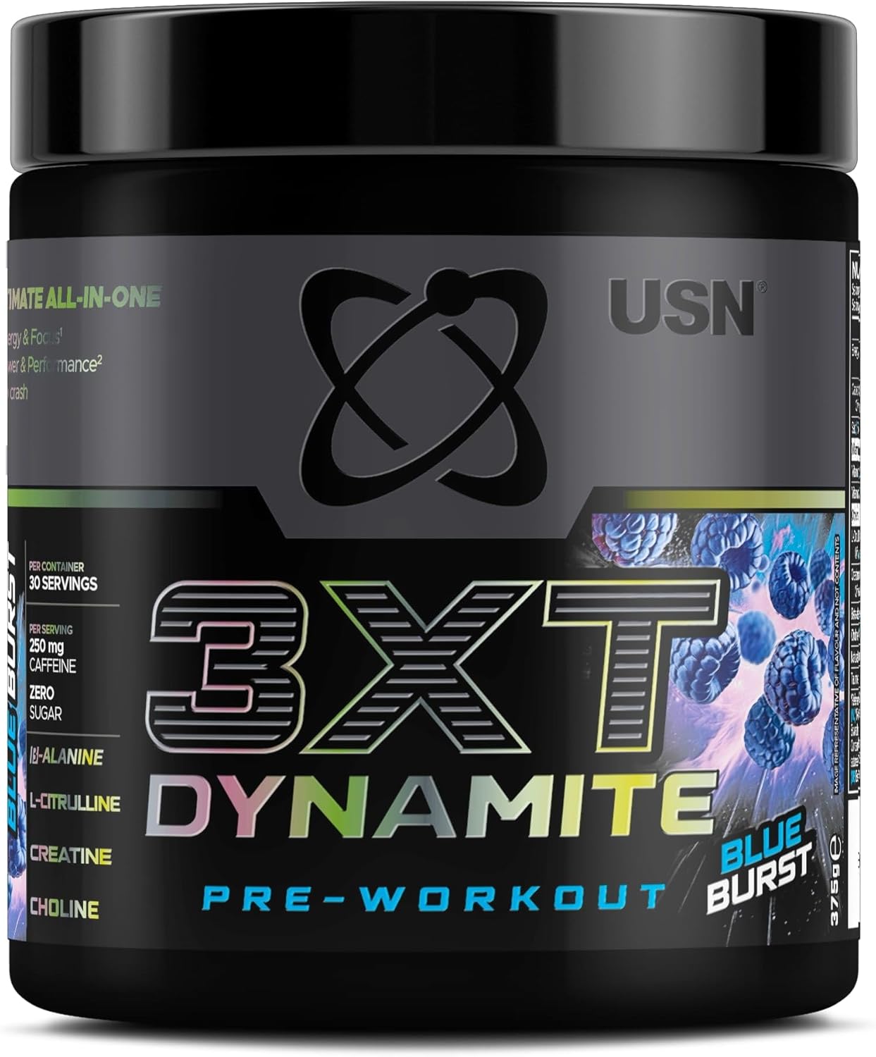 USN 3XT Dynamite Pre Workout Powder (30 Servings – 375g). Pre- Workout Energy Drink with Natural Caffeine (250mg), Citrulline, Creatine, Beta Alanine, Choline, Taurine and Zero Sugar – Blue Raspberry