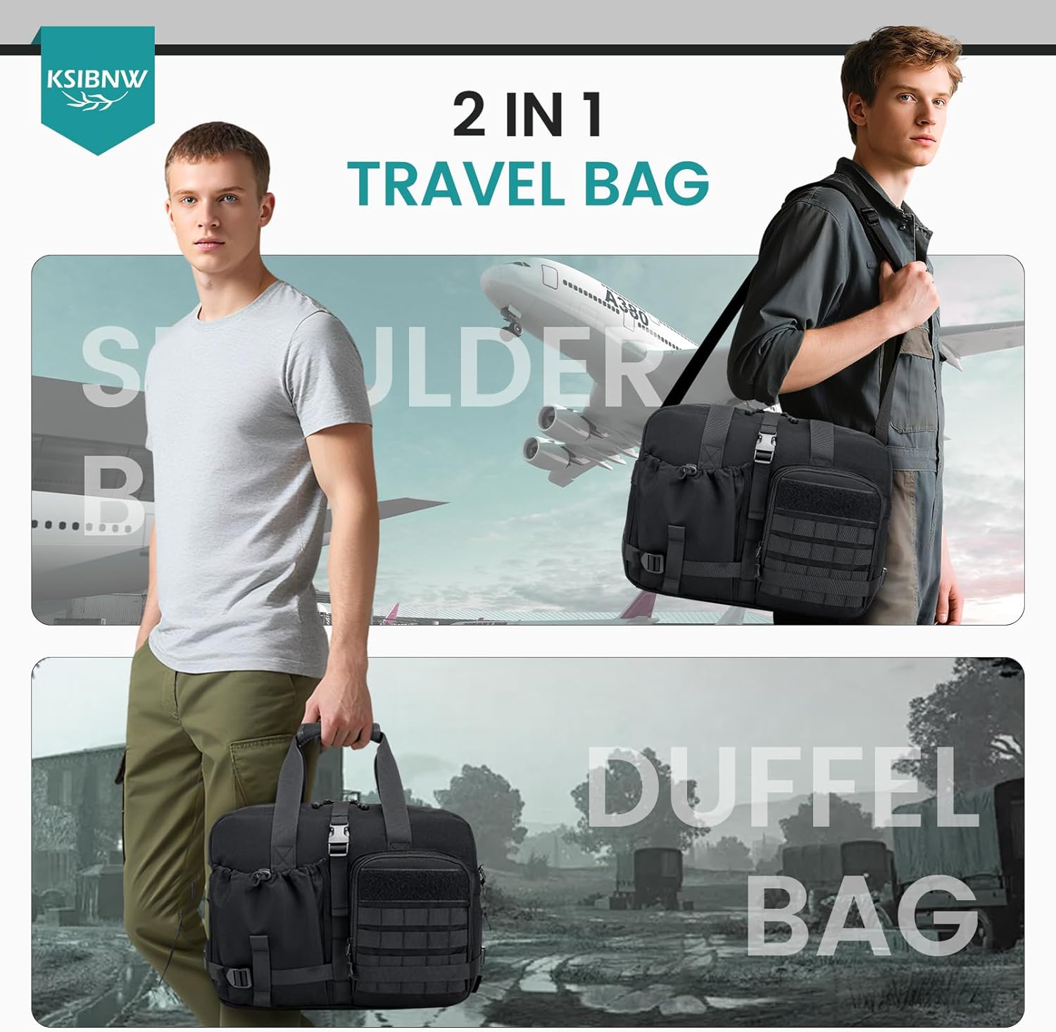 KSIBNW Personal Item Bag 40x30x15cm, Travel Duffle Bag 16x12x6 inch, Tote Carry on Luggage Under Seat for Airplanes Overnight Tactical Messenger Bags 15.6 inch Laptop Bags for Women and Men, Black - Image 2