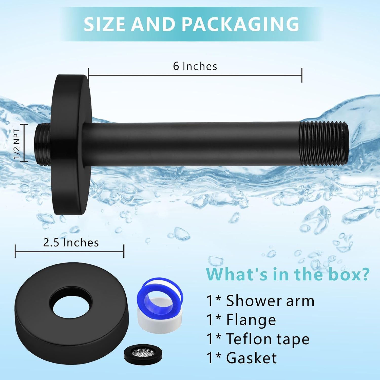 6 Inches Shower Arm with Flange, Replacement of Ceiling Mounted Straight Arm, Suitable For Fixed High Pressure Rain Showerhead and Rainfall Shower Head, Matte Black thumbnail