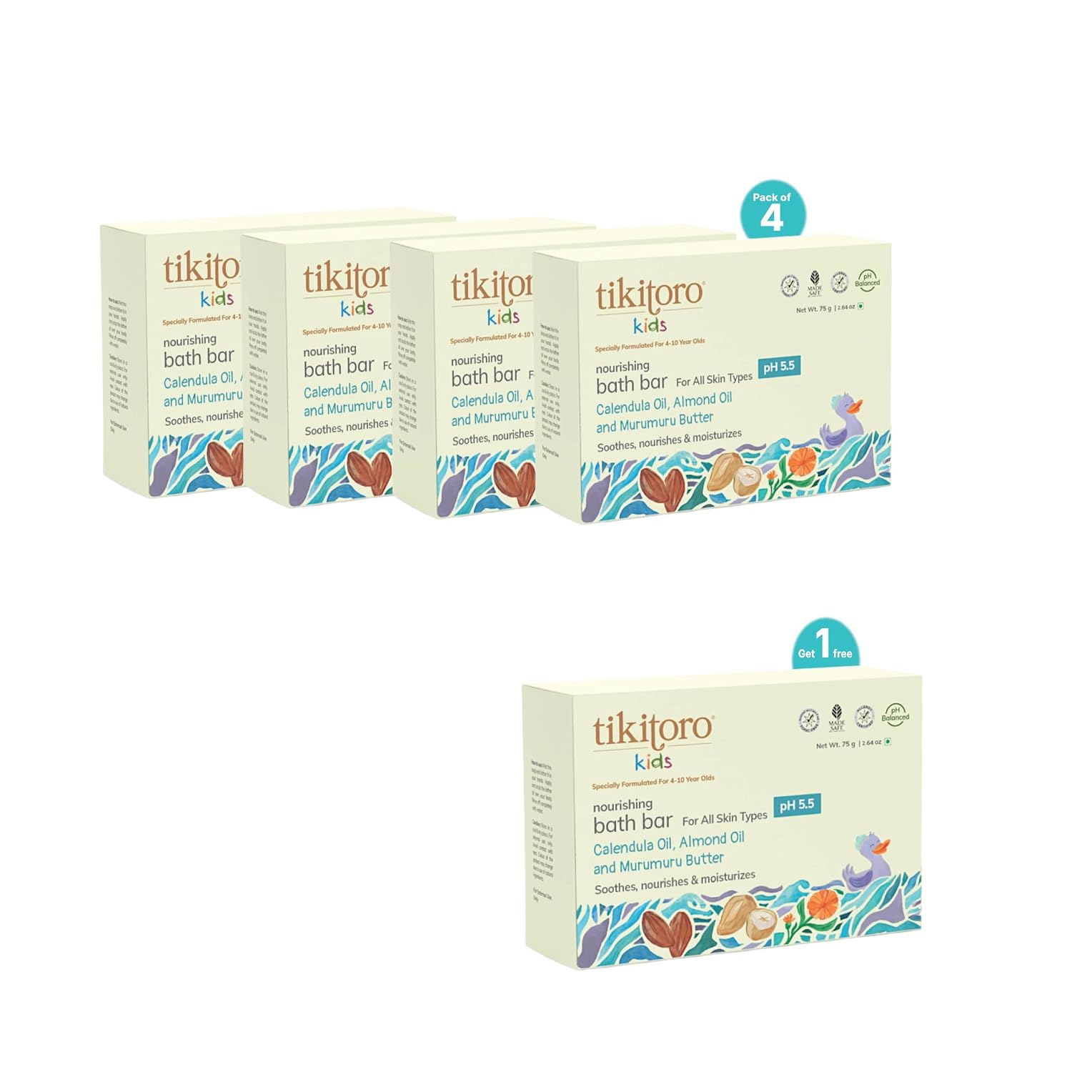Tikitoro Kids Nourishing Bath Bar Value Pack (4 Plus 1 x 75g) | Pediatrician Approved | Murumuru Butter | Nourishes and Mo...