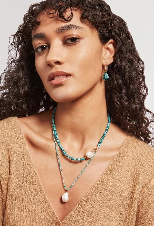 PERNNLA PEARL Turquoise Earrings for Women 18K Gold Plated Boho Dangle Drop Earrings Turquoise Jewelry for Western Daily Style by PERNNLA PEARL - Used condition - Image 4