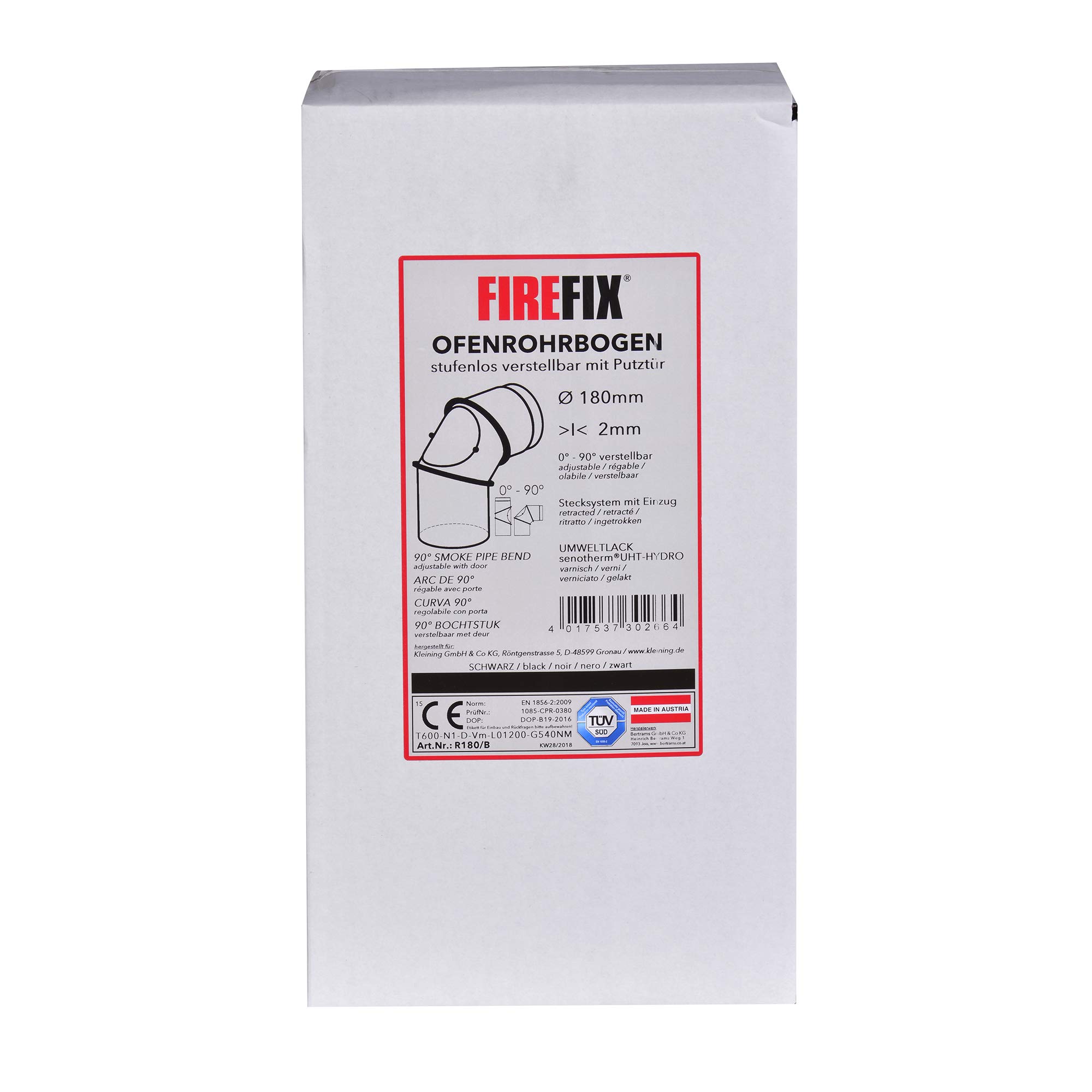 FIREFIX R180/B Ofenrohrbogen aus 2 mm starken Stahl (Rauchrohr) in 180 mm Durchmesser, für Kaminöfen und Feuerstellen, Senotherm, schwarz, 0-90 Grad verstellbar, mit Reinigungstür