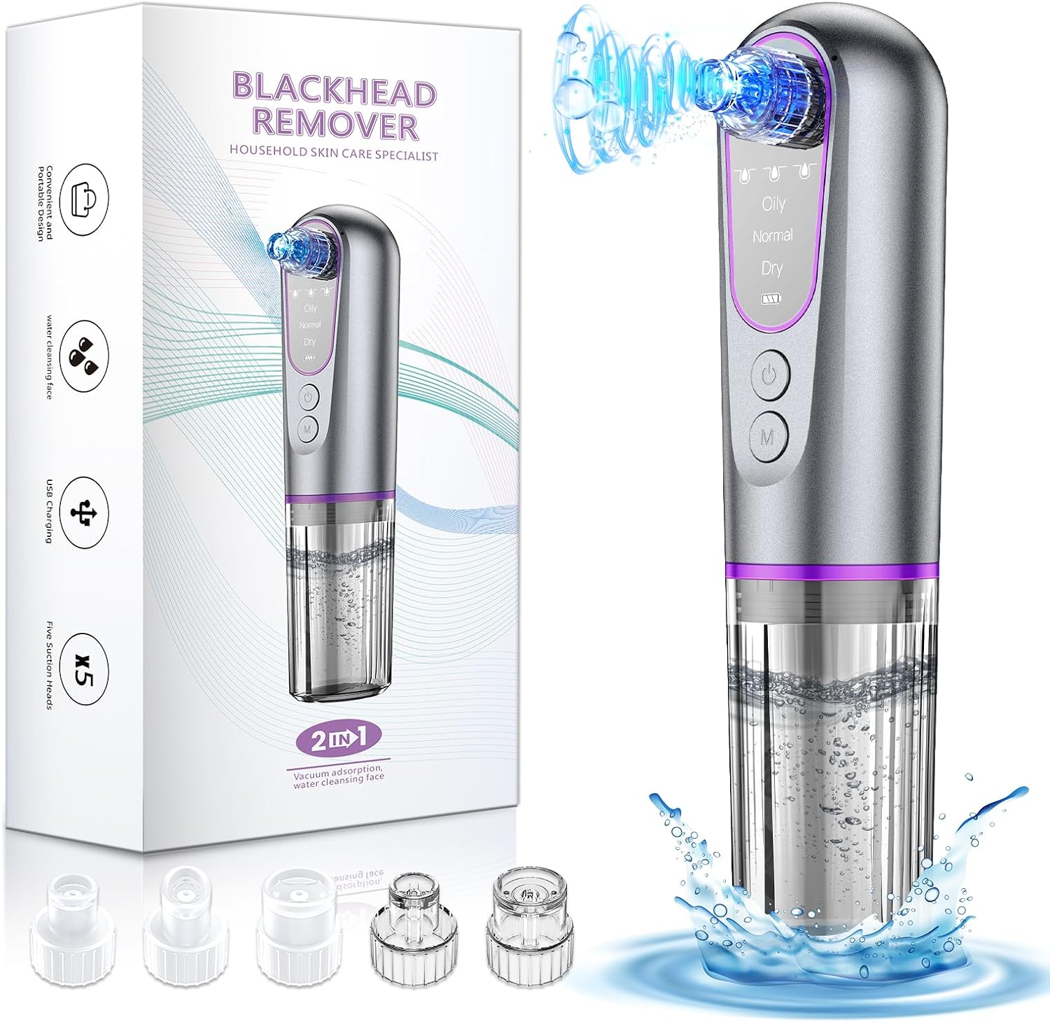 Blackhead Remover Vacuum, Rechargeable Pore Vacuum Cleaner with Visible Water Tank, Black Head Remover Tool with 3 Adjustable Suction Power Modes and 5 Heads, for Facial Cleansing and Pore Care
