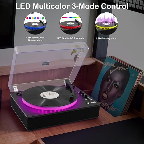 Miniatura 4 de LP&No.1 Tocadiscos con altavoces estéreo integrados, control LED, tocadiscos de vinilo de 3 velocidades con reproducción y grabación USB, entrada y