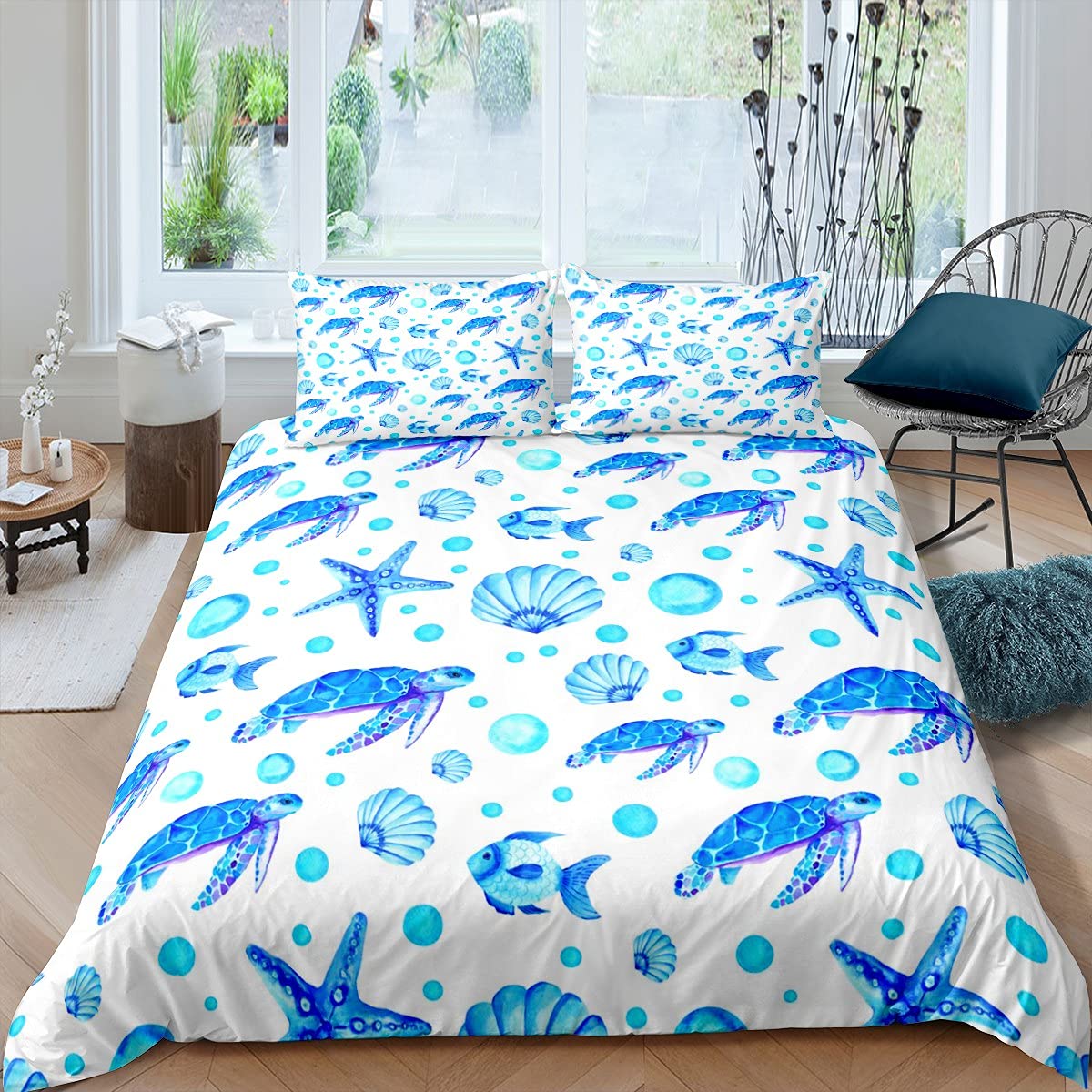 Loussiesd Ocean Sea Turtle Duvet Cover Set 3D Starfish Sea World Bedding Set Watercolor Blue Bedding & Linen Set 3Pcs Double Size Boys — image 1