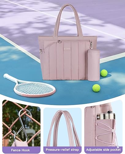 Miniatura 5 de Bolsa acolchada de tenis para mujer, bolsa de lona para gimnasio con compartimento para zapatos y bolsillo húmedo, se adapta de 2 a 4 raquetas y