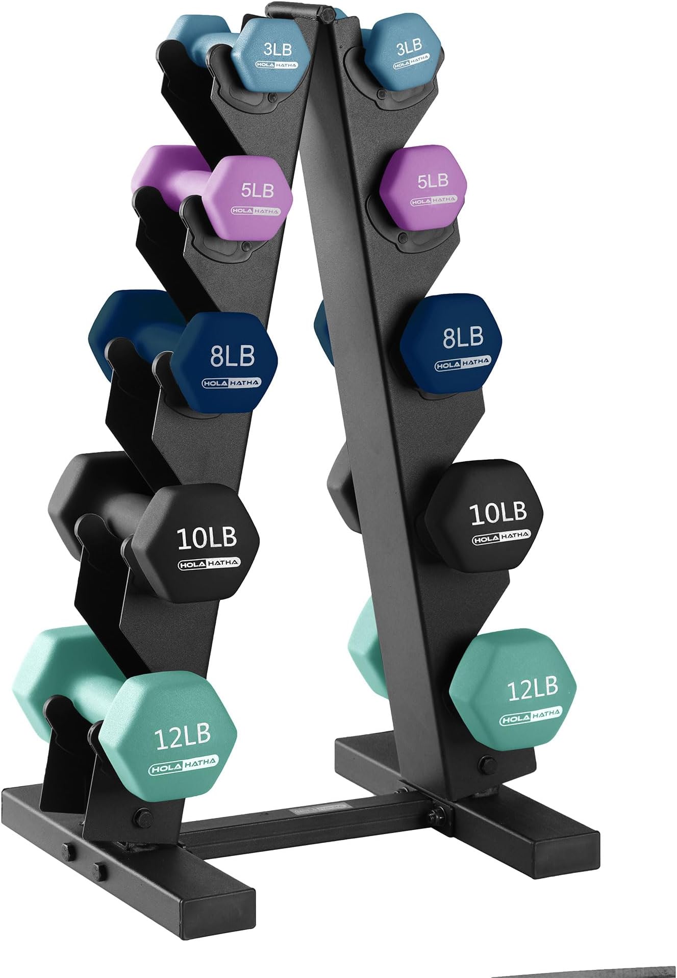 HolaHatha Neoprene Dumbbell Weights Set with Rack, Home Gym Equipment, 76 Lbs, Blues - Portable Weighted Exercise Dumbbells for Fitness, Training, and Lifting Workouts