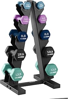 HolaHatha 2, 3, 5, 8, and 10 Pound Neoprene Dumbbell Free Hand Weight Set with Rack, Ideal for Home Exercises to Gain Tone and Definition, Pastel