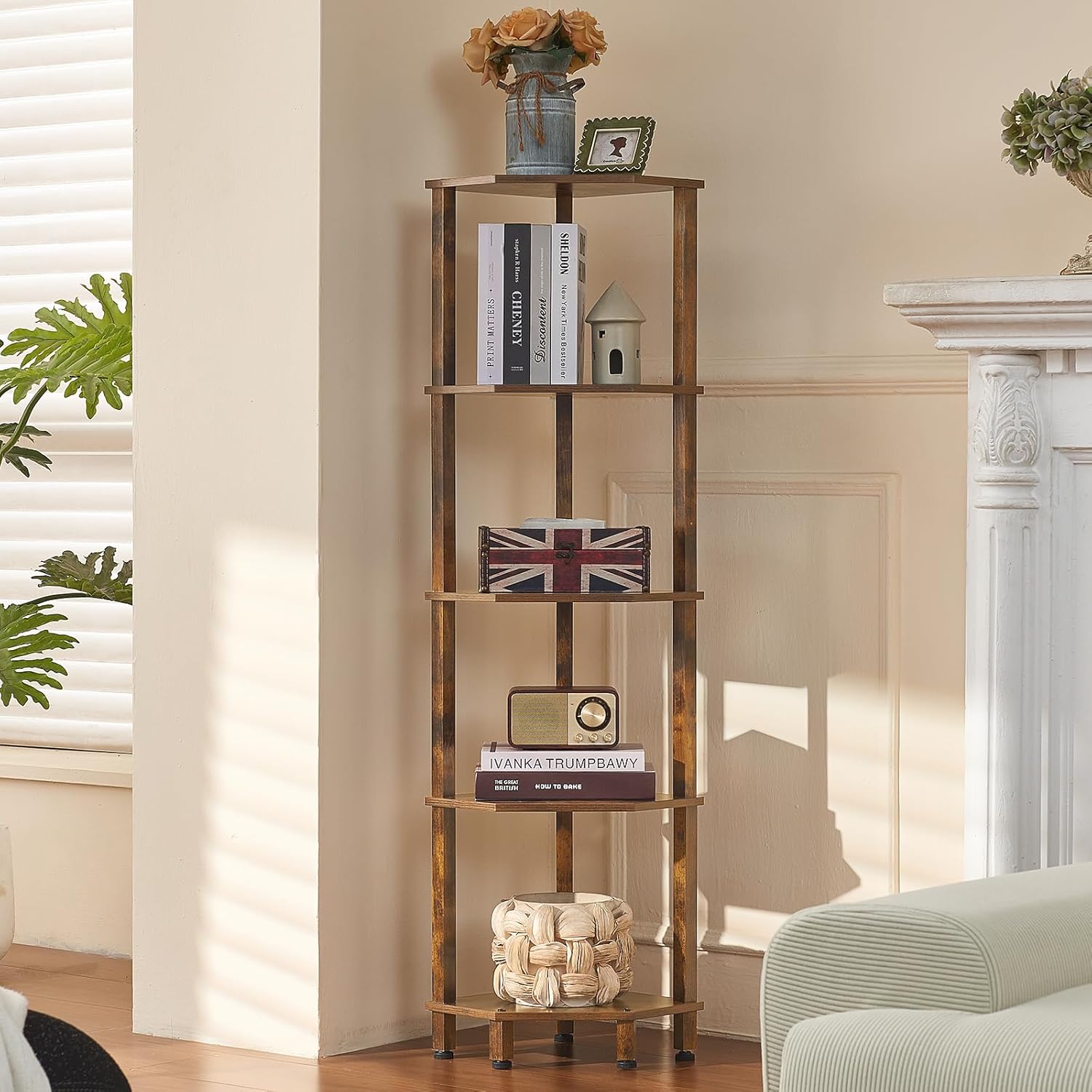 5-Tier Corner Shelf with Sturdy 5-Leg Base, 52in Tall Narrow Bookcase for Small Spaces, Wooden Plant Display Shelf, Thin Bookshelf for Living Room, Bedroom, Office, Brown