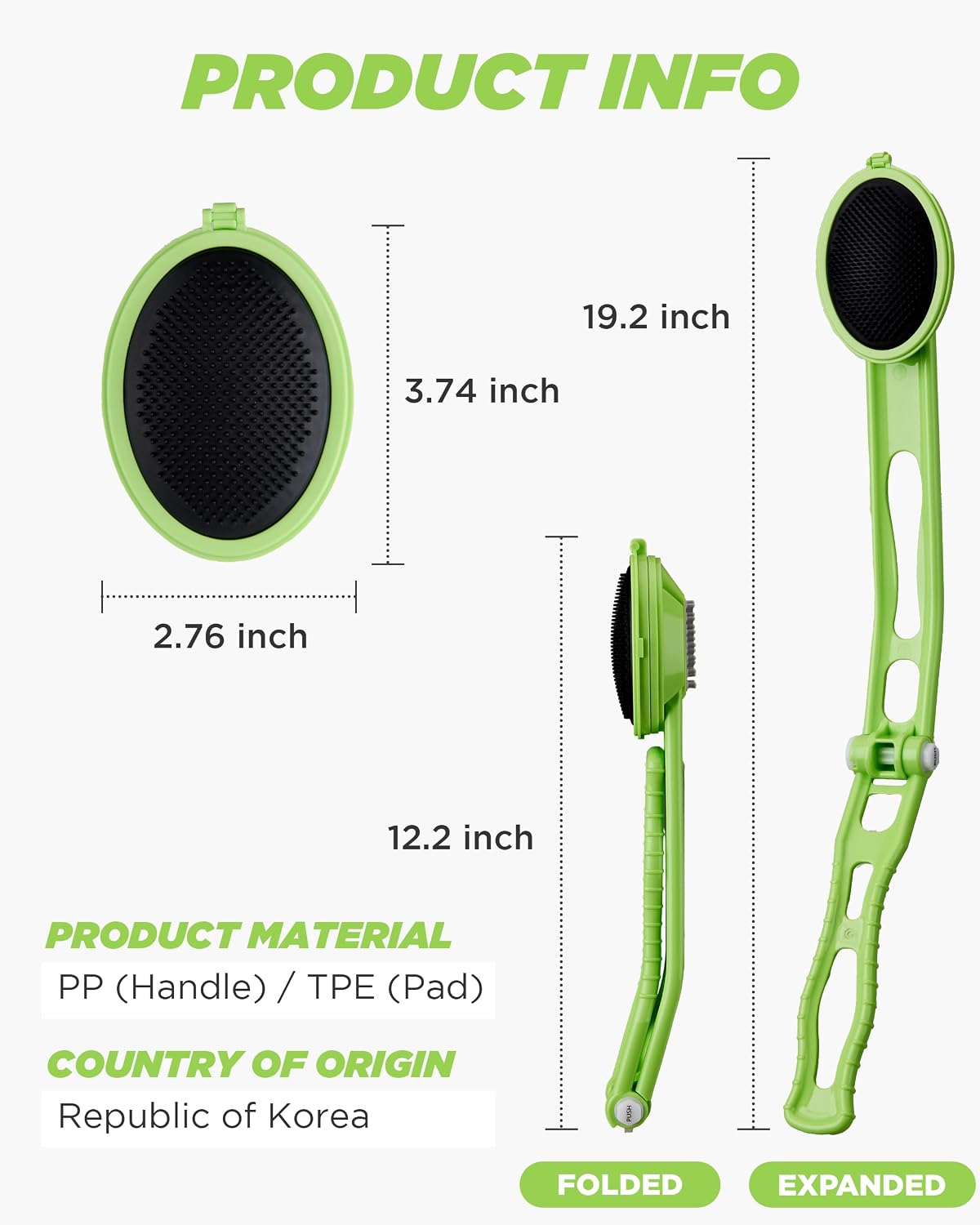 DOWMI Body Back Scratcher - 19" Foldable Long Curved Handle, with Replaceable Brush Head - Washable Pad - Itch Reliever for Back and Body - Portable Backscratcher for Women and Men