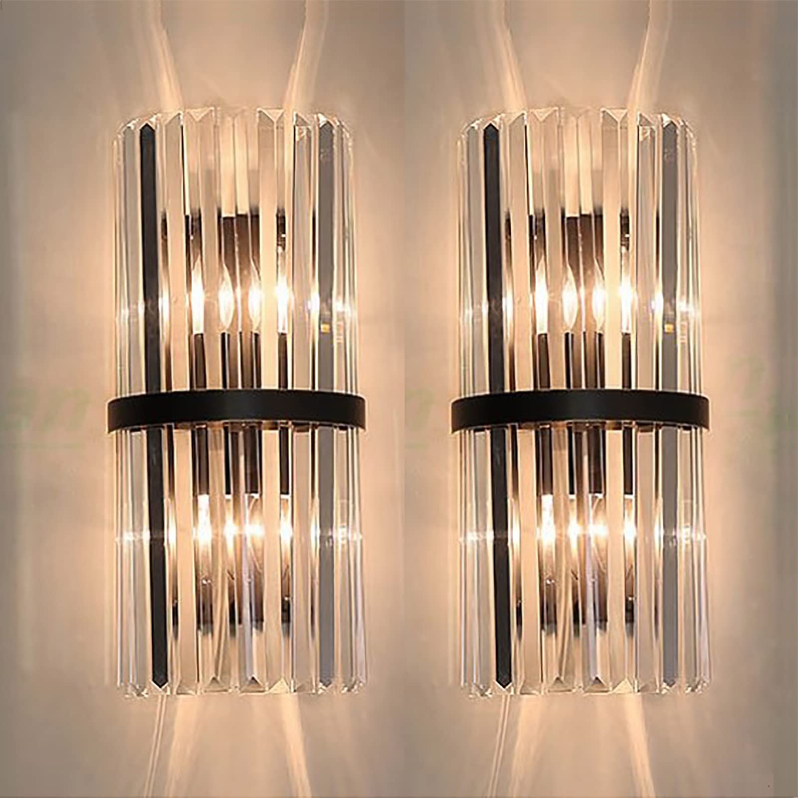 LLSZAHD Modern Wall Sconces Set of 2, Tricolor Dimmable LED Crystal Wall Light Fixtures Crystal Bedside Wall Lamp for Bedroom Living Room Hallway Hotel Indoor (Color:Black)