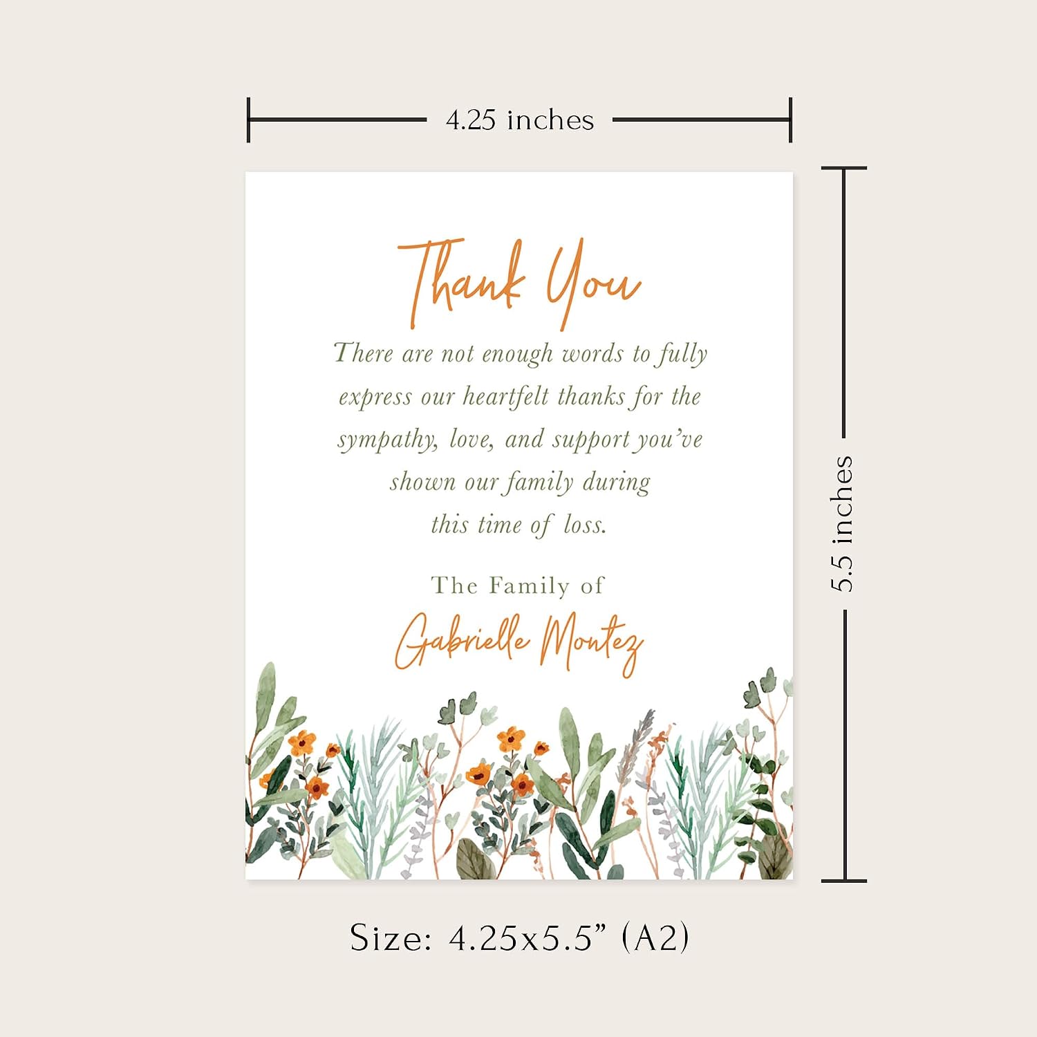 Wildflowers Sympathy Thank You Cards, Personalized Funeral Thank You Cards with Envelopes, 4.25x5.5 Flat Notecards
