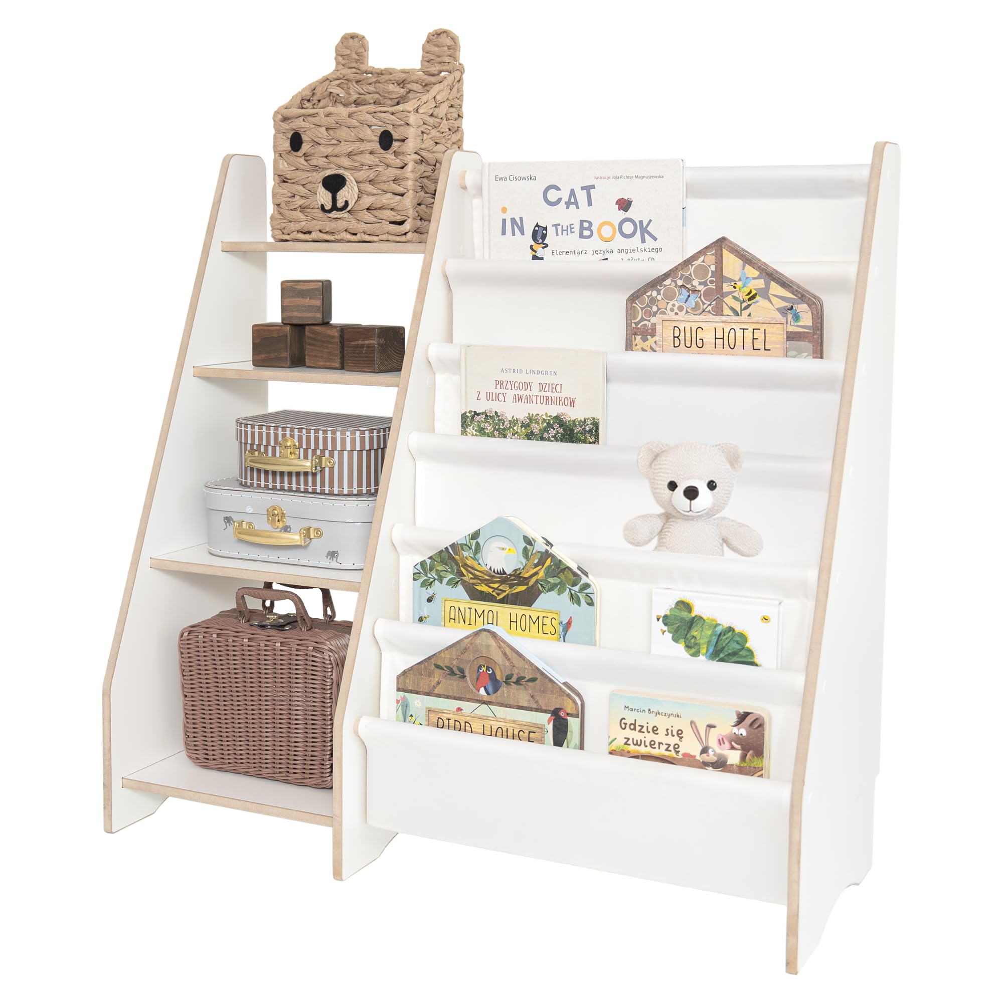 MAMOI® Bücher- und Spielzeugregal für Kinder, funktionales 2-in-1-Regal, Organizer mit Ablagen und Stofftaschen, Kinderbibliothek, Möbel im Montessori-Stil, 100% ökologisch, hergestellt in der EU