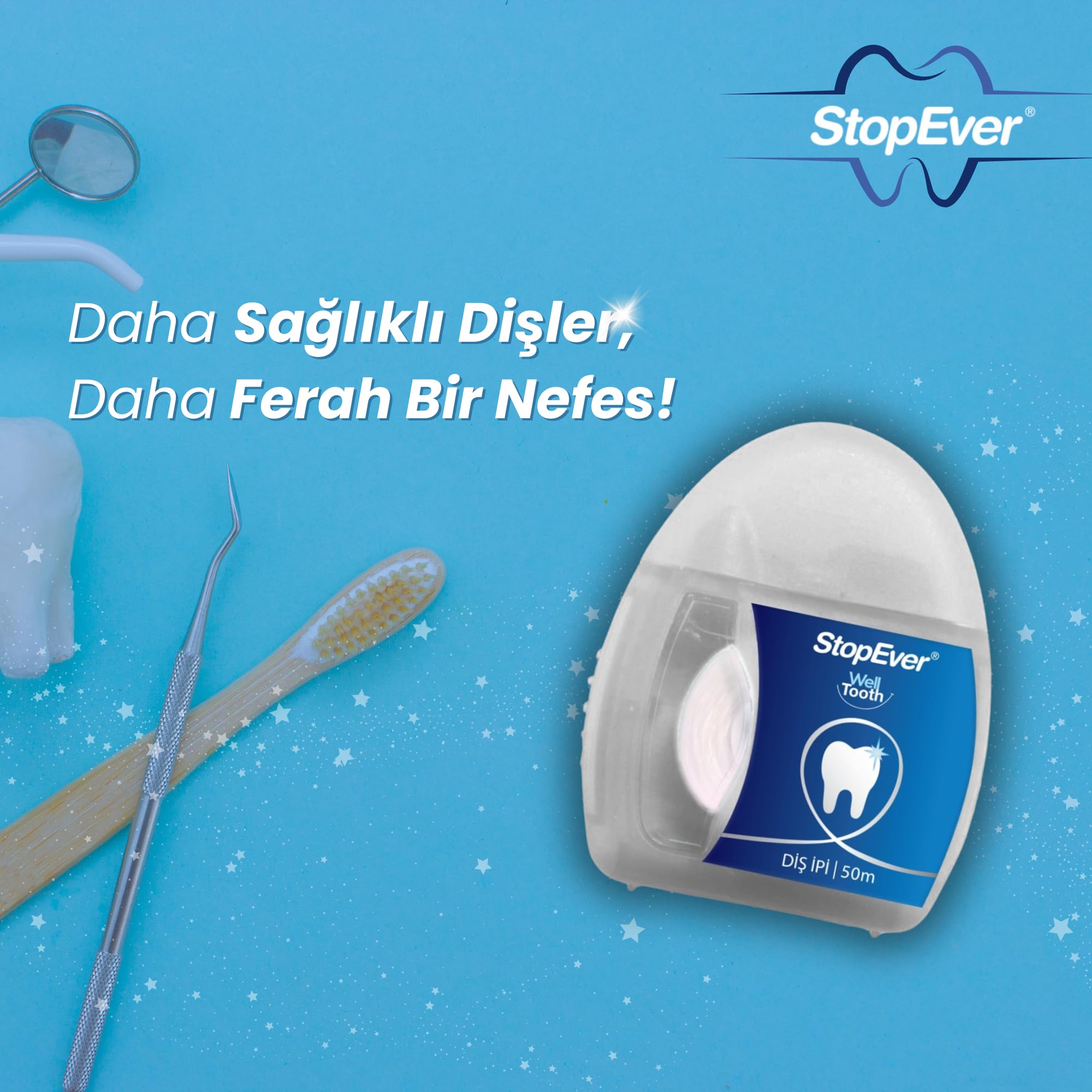 StopEver Smiley Diş İpi 2'li Paket (2 x 50m) – Mumlu ve Kaygan Yapı