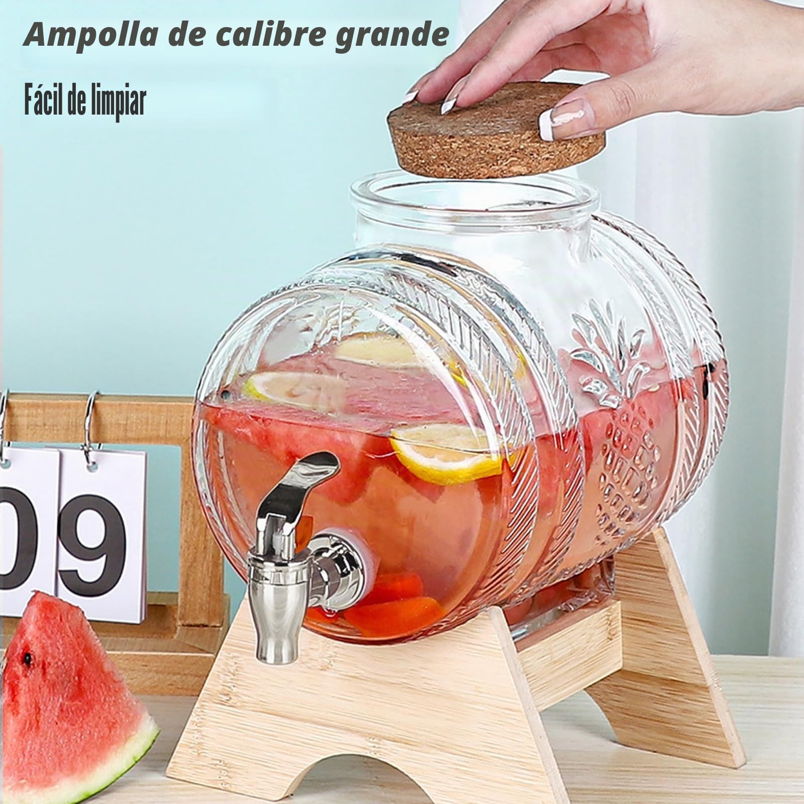 Barril con grifo, dispensador de bebidas de cristal en forma de barril con grifo y soporte de madera, jarra de 1/3 litros, dispensador de agua con soporte, para vino, whisky, brandy, zumos, limonada,
