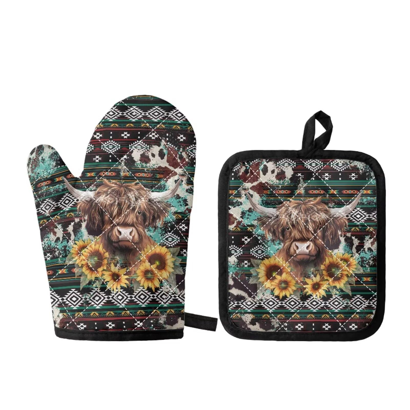 JOAIFO Highland Cow Insulated Gloves and Kitchen Counter Protect Potholder Mats Sunflower Print Washable Pot Holders Slip Resistant Flexible Oven Gloves