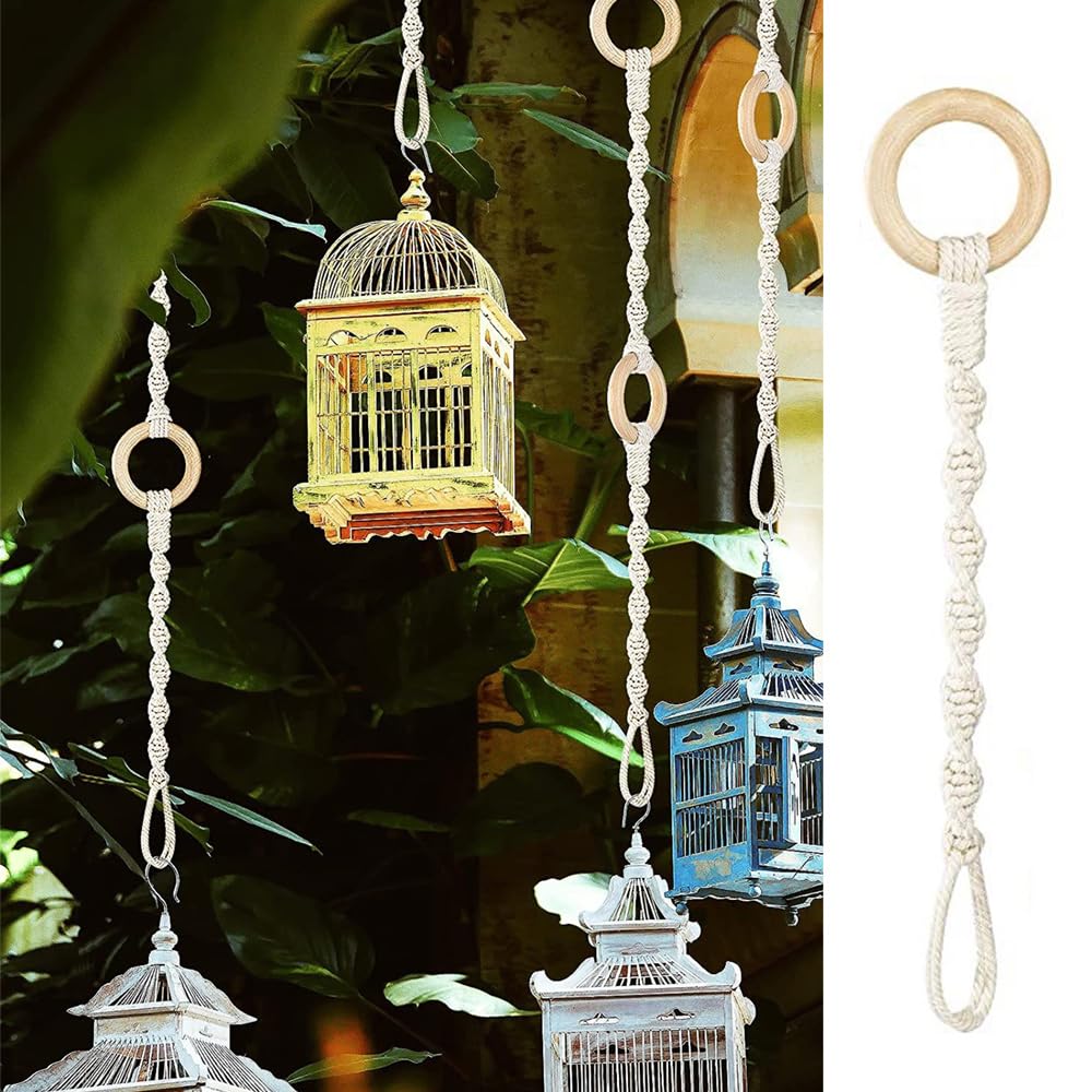 Lot de 12 cordes de suspension en macramé pour pot de fleurs, décoration bohème avec anneaux en bois naturel pour extérieur, intérieur, balcon, jardin, maison