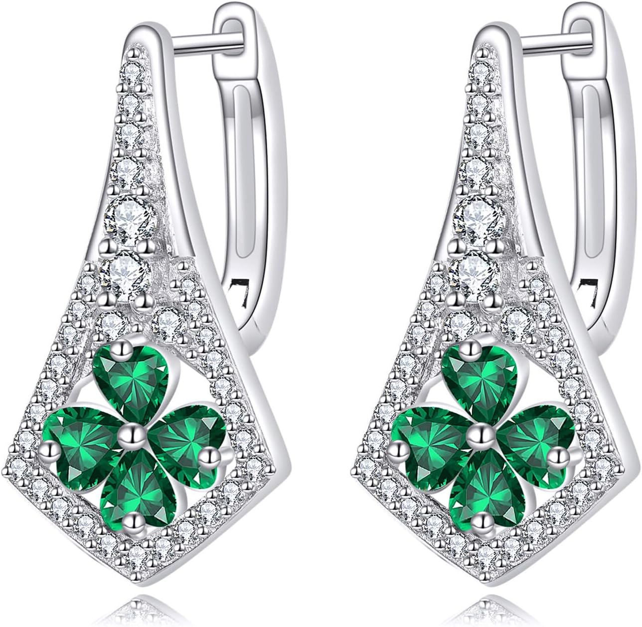Four Leaf Clover Earrings 925 Sterling Silver Green Heart Cubic Zirconia Earrings for Women