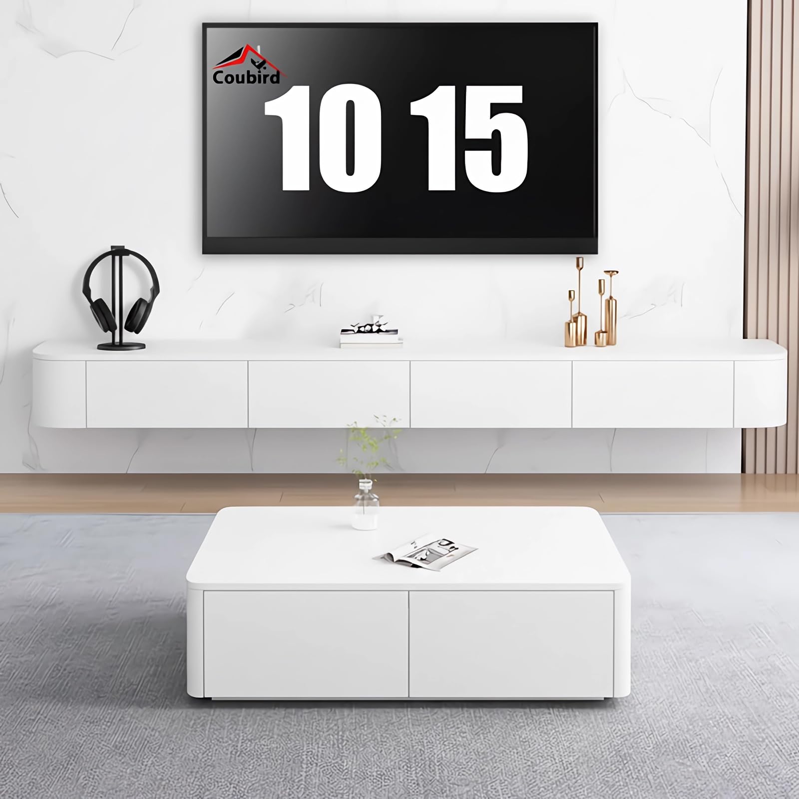 Mueble de TV Flotante, Soporte de montado en la Pared con Dos cajones, Consola Multimedia para, Mueble de TV Grande para Sala de Estar y Oficina (140cm/55.1in,Blanco-A)