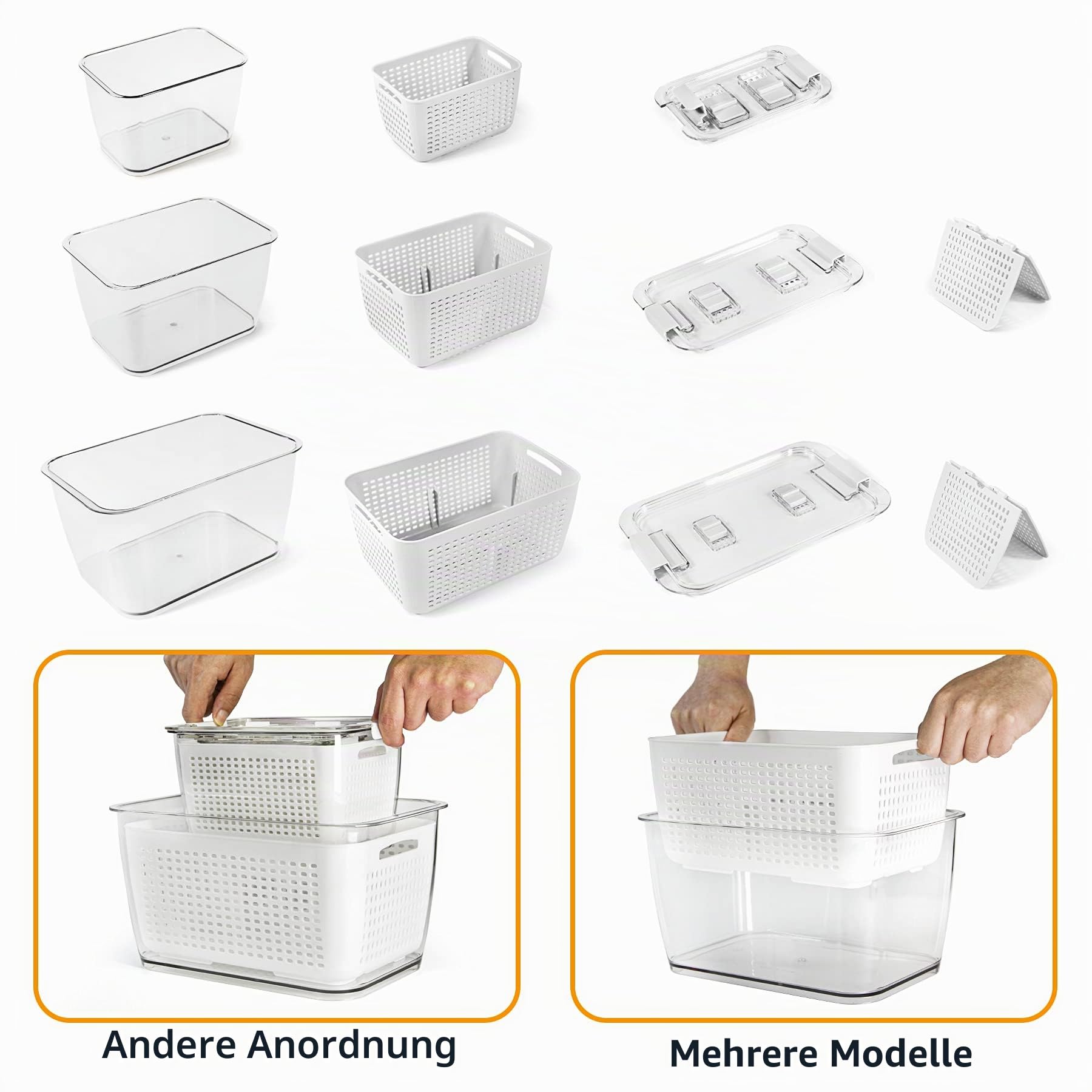 Spesh Frischhaltedosen Set Kühlschrank Organizer Wiederverwendbar Vorratsdosen 3er-Set (0,5L+1,7L+4,5L) Kunststoff Kühlschrank Organizer Set mit Deckel und Abtropfsieb (Weiß,3er Set)