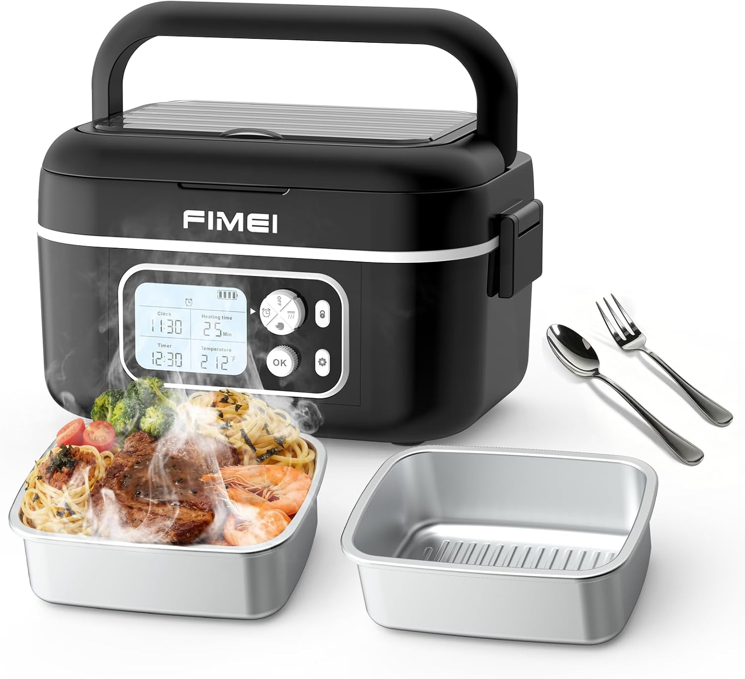 FIMEI Cordless Heated Lunch Box - 27000mAh Rechargeable Food Warmer for Work & Travel, 1.4L Stainless Steel Self-Heating Container with Timer, 30W Fast Charger (Black, 1.4L Container x 2)