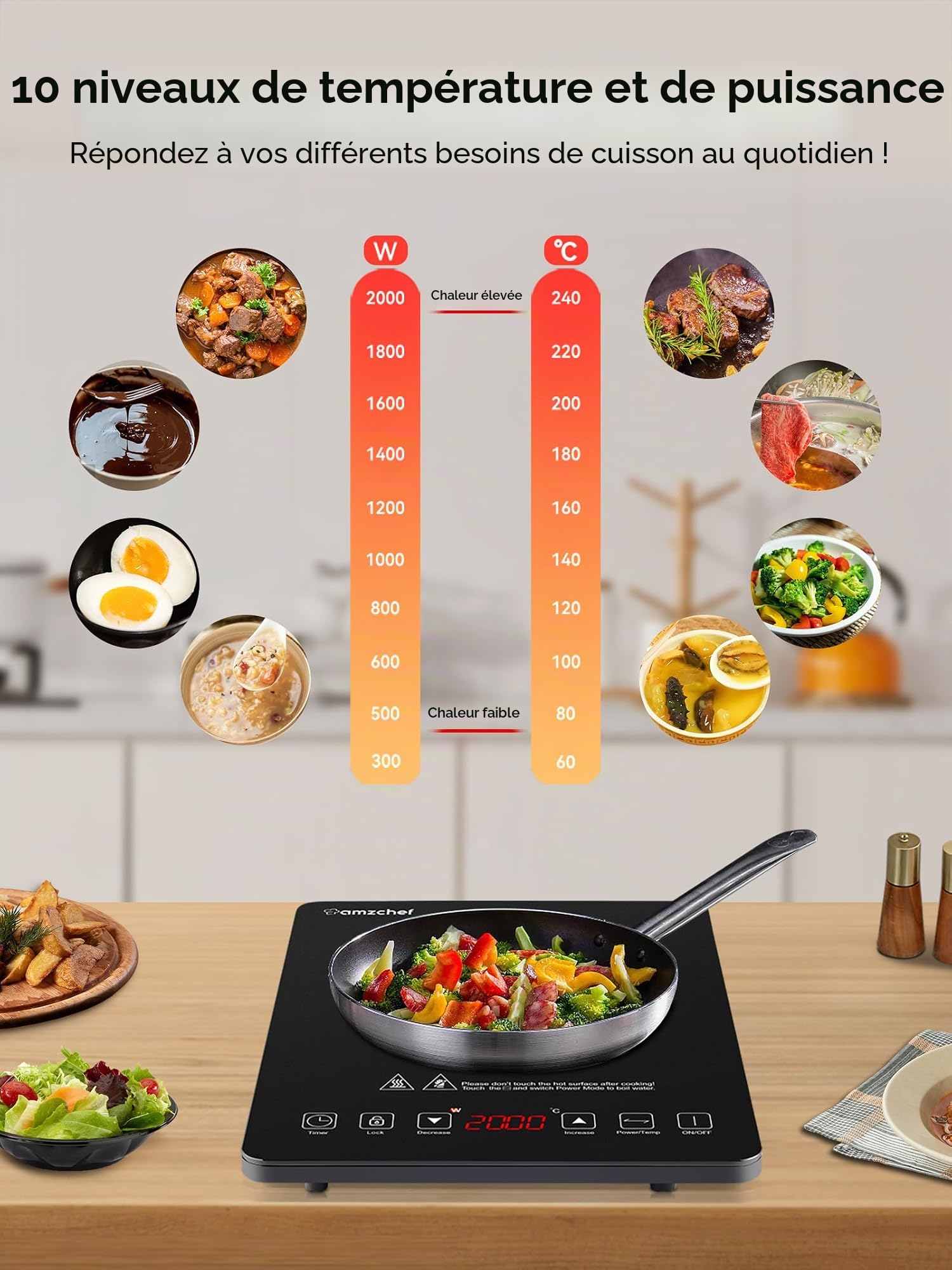AMZCHEF plaque de cuisson à induction, plaque induction portable, de 2000 W avec corps mince, 20 niveaux de puissance, 20 réglages de température, serrures de sécurité, minuterie de 3 heures, noir