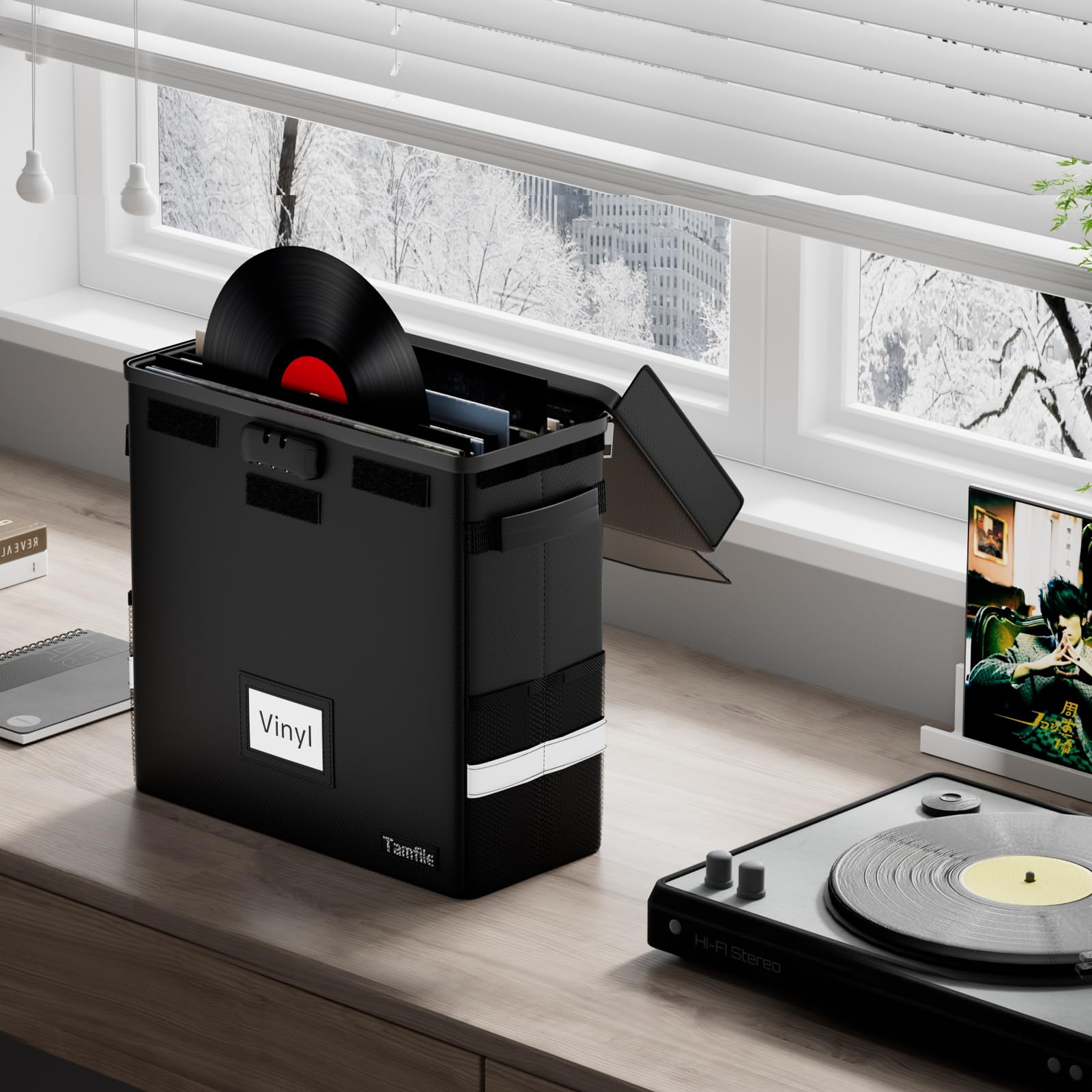 Tamfile Estuche de almacenamiento LP, caja de discos de vinilo ignífuga con cerradura, funda de transporte portátil plegable para DJ con cremallera impermeable con capacidad para hasta 50 + discos de