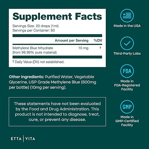 Miniatura 9 de Gotas de Azul de Metileno - Grado Farmacéutico USP 99.99% Puro Solución al 1% para Energía, Enfoque, Claridad, Cognición y Apoyo Celular - Probado