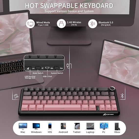 ATTACK SHARK X66 Wireless Mechanical Gaming Keyboard with Knob,Tri Mode USB-C/BT5.0/2.4G Gasket Mounted 60% RGB Gaming Keyboard,Side Printed PBT Keycap, Hot Swappable Strawberry Switch(BlackBerry)