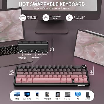 ATTACK SHARK X66 Wireless Mechanical Gaming Keyboard with Knob,Tri Mode USB-C/BT5.0/2.4G Gasket Mounted 60% RGB Gaming Keyboard,Side Printed PBT Keycap, Hot Swappable Strawberry Switch(BlackBerry)