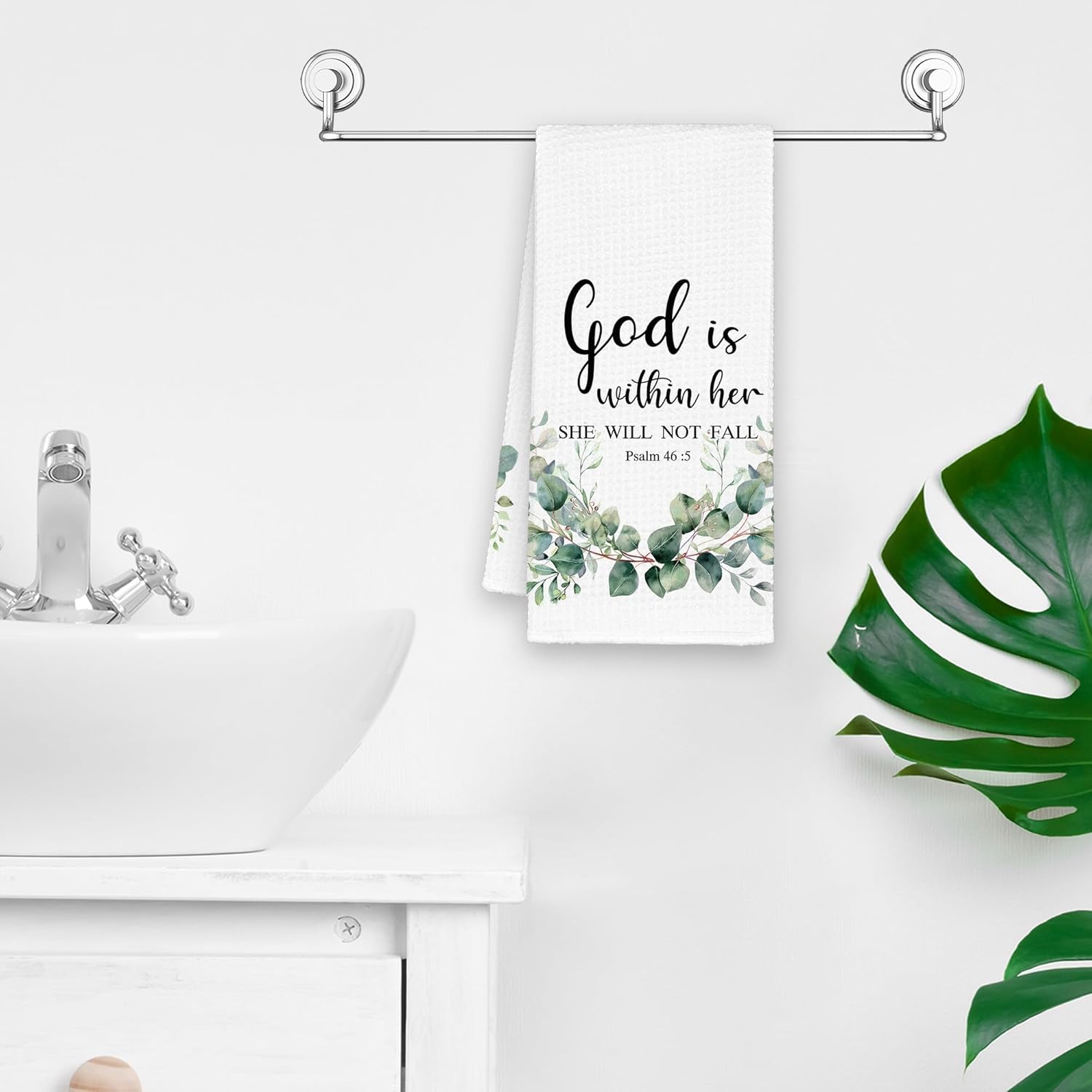 Christian Eucalyptus Leaf Kitchen Towels, Bible Verse Scripture God is Within Her Hand Towels for Bathroom, Botanical Rustic Decorative Dish Towels Decor for Kitchen 16x24in - Image 5