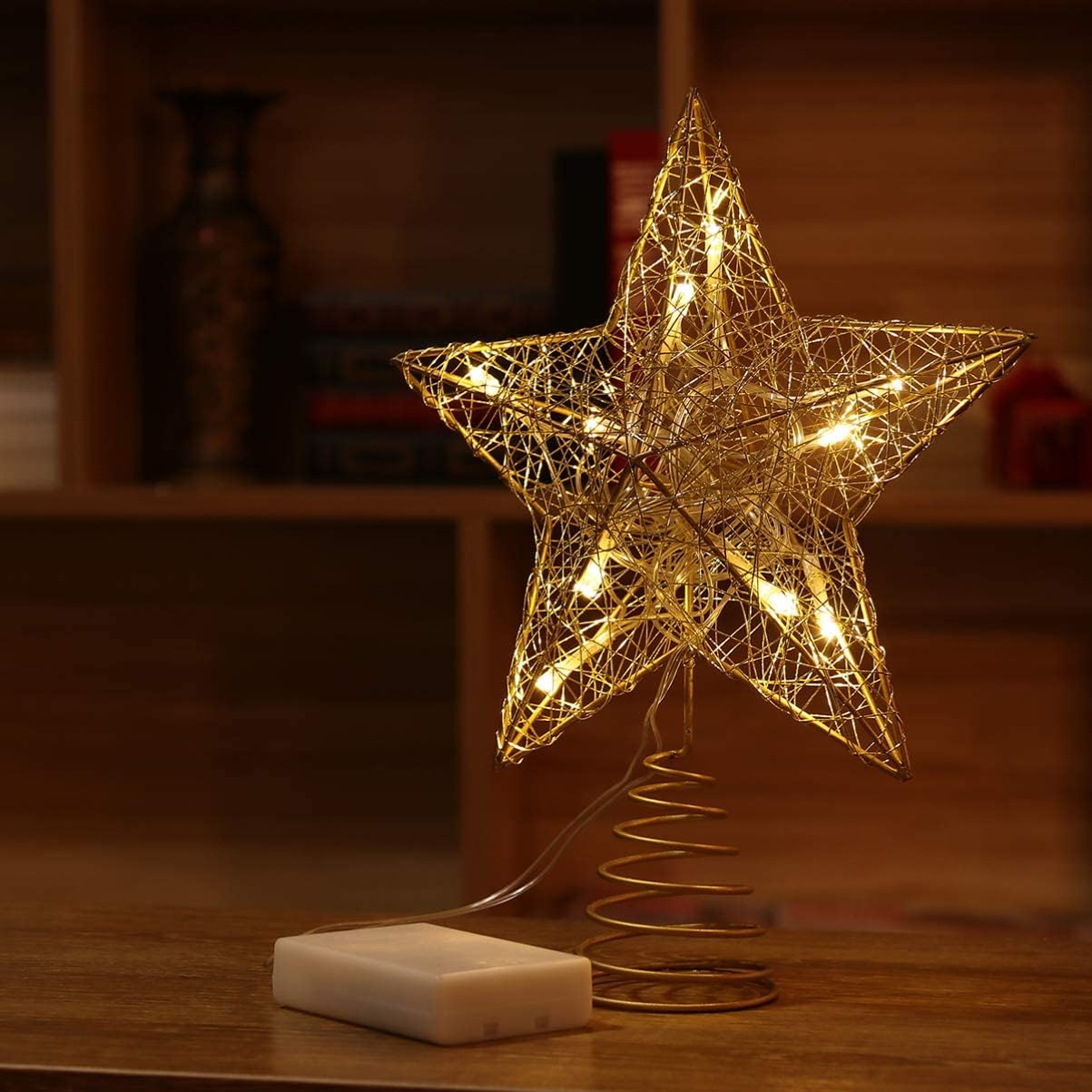 Cabilock Christmas Star Tree Topper, 9.8in Golden LED Lights Hollow Star Tree Topper, Battery Power 3D Xmas Glitter Ornaments for Christmas New Year Holiday Decoration