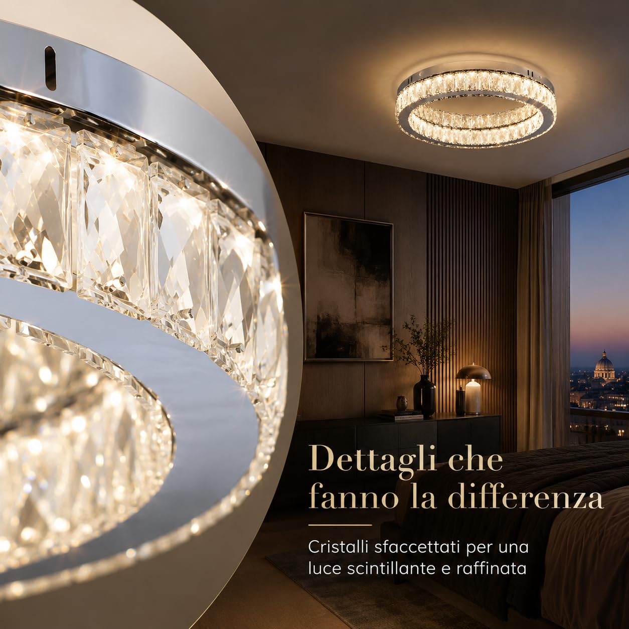 Finktonglan 45 cm Runde Kristall LED Deckenleuchte, Dimmbar, 3000-6500K | 48W Integrierte LED, 5%-95% Dimmung, Fernbedienung und App, Nachtlicht, Timer und Speicherfunktion für Wohnzimmer und Küche