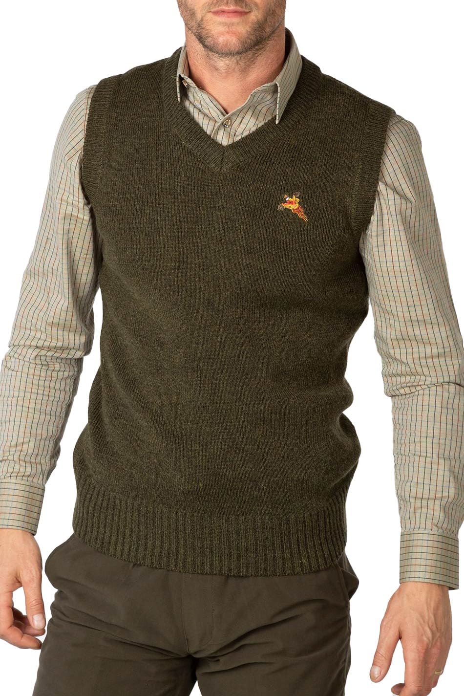 Rydale V Neck Slipover Vest Country Pheasant Motif Shooting Jumper Olive (UK, Alpha, M, Regular, Regular, Olive Tweed)