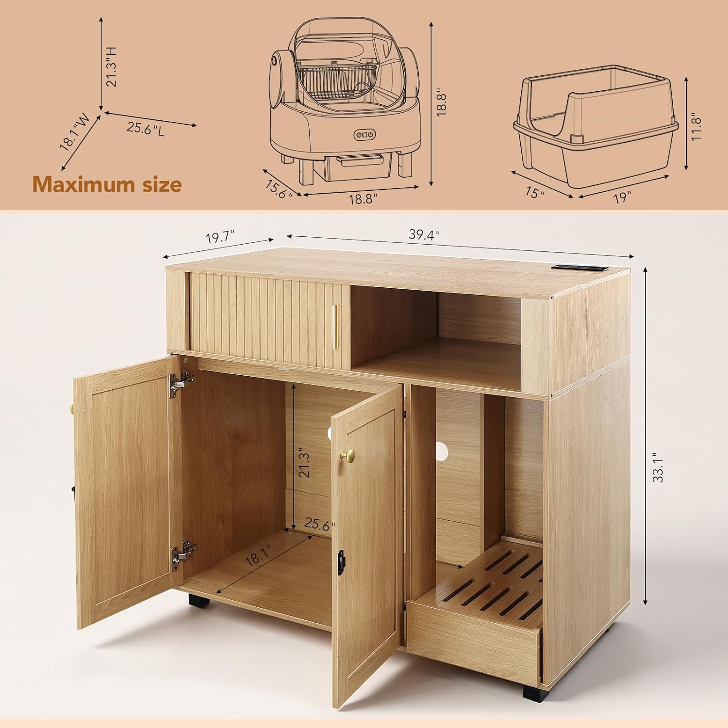 Cat Litter Box Enclosure - Large Hidden Litter Box Cabinet Furniture with Charging Station, Indoor Cats House, 39.4 x 19.7 x 33.1 Inches litterbox Enclosure Furniture with Storage