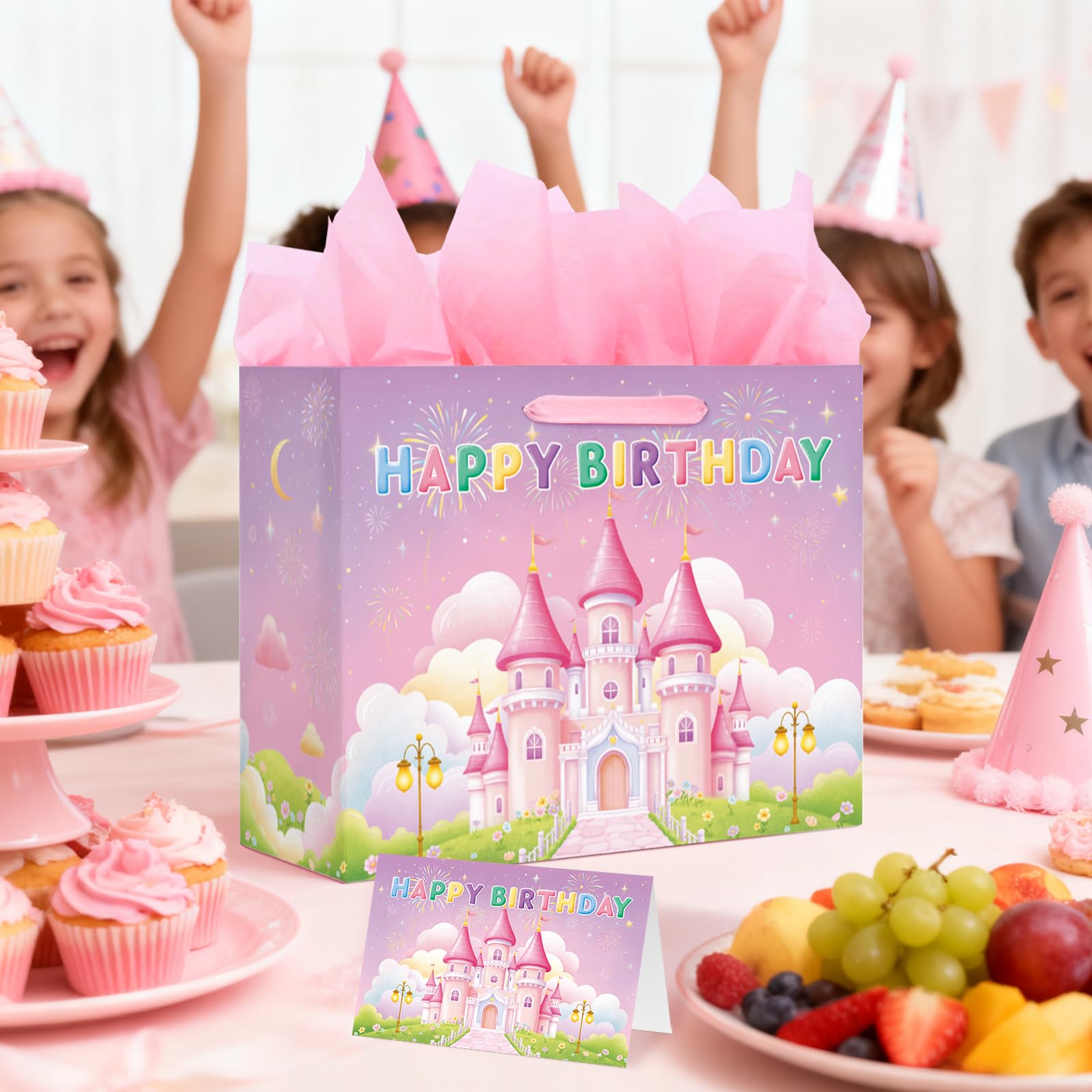 Princess Castle Birthday Gift Bag Set - Includes Card & Tissue Paper, Medium Size 13x10.2x4.9”, Ideal Birthday Bag for Women, Girls, and Kids’ Party