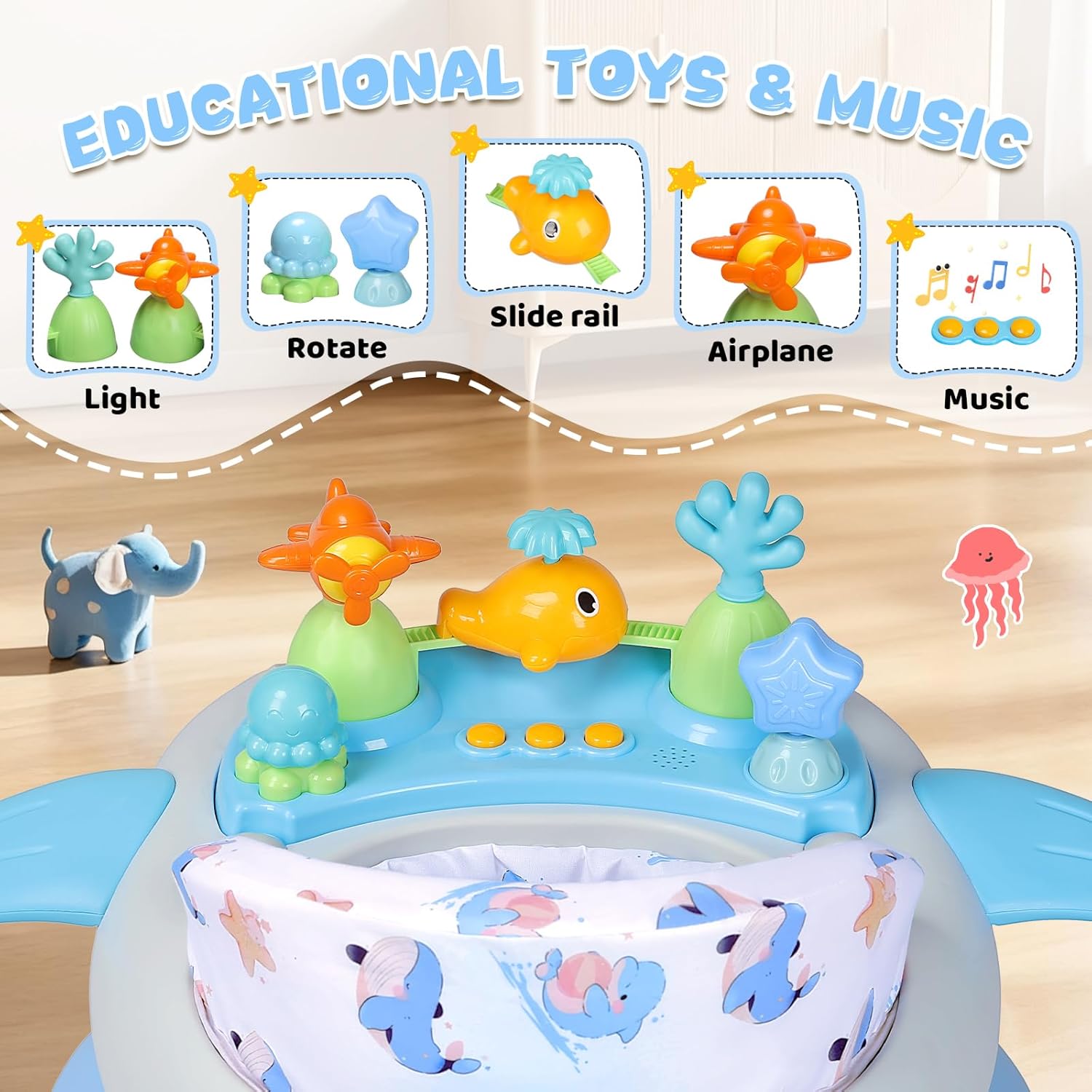 Baby Walker with Wheels, Music and Lights Foldable Baby Walker, 3 Adjustable Heights, Activity Walker for Baby Boy and Girl 6-18 Months, Blue - Image 3