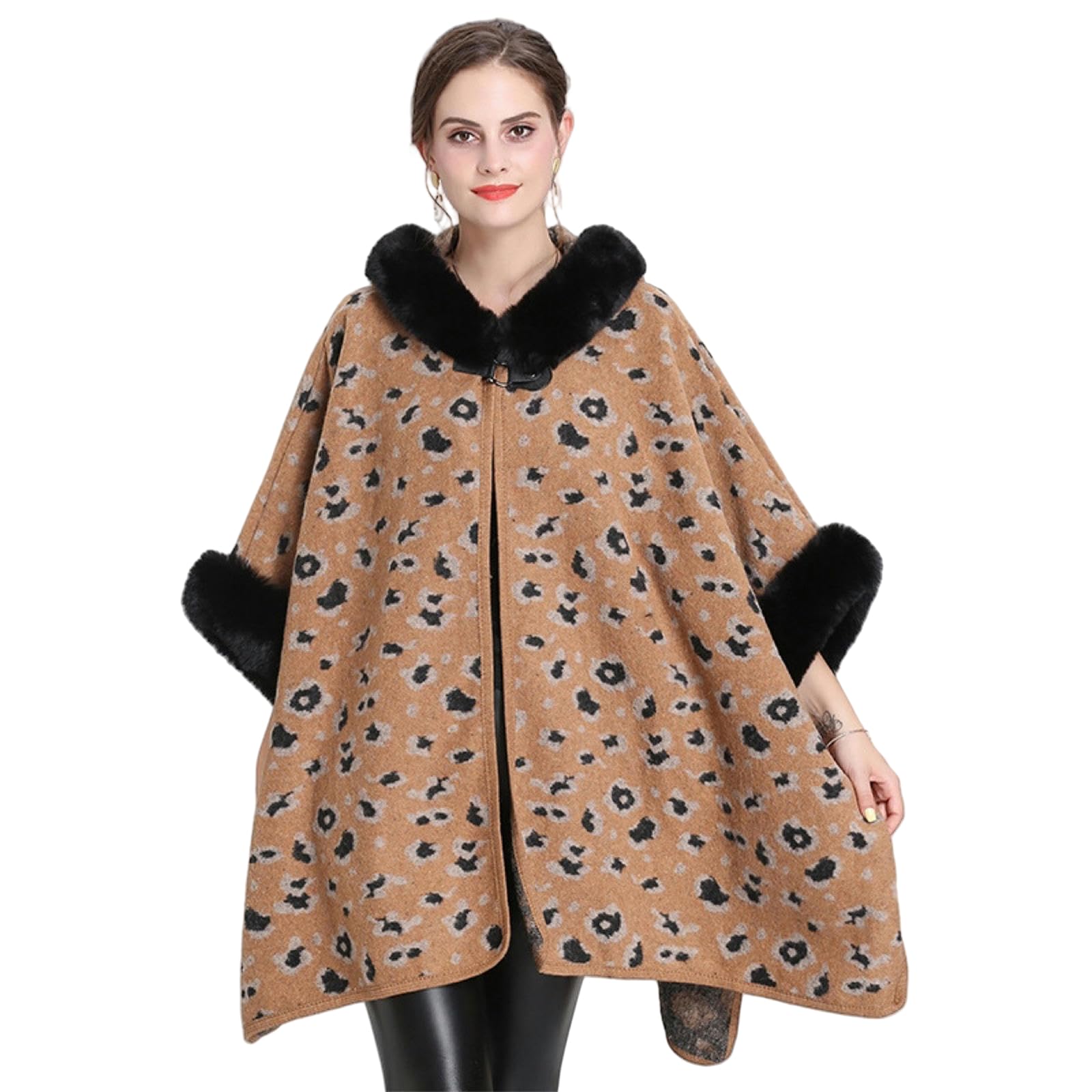 Poncho Donna Scialcano con Cappuccio con Cappuccio per Leopardo Autunno E Inverno Cape di Grande Dimensione Cardigan Woolen Coat per Donne-Cammello