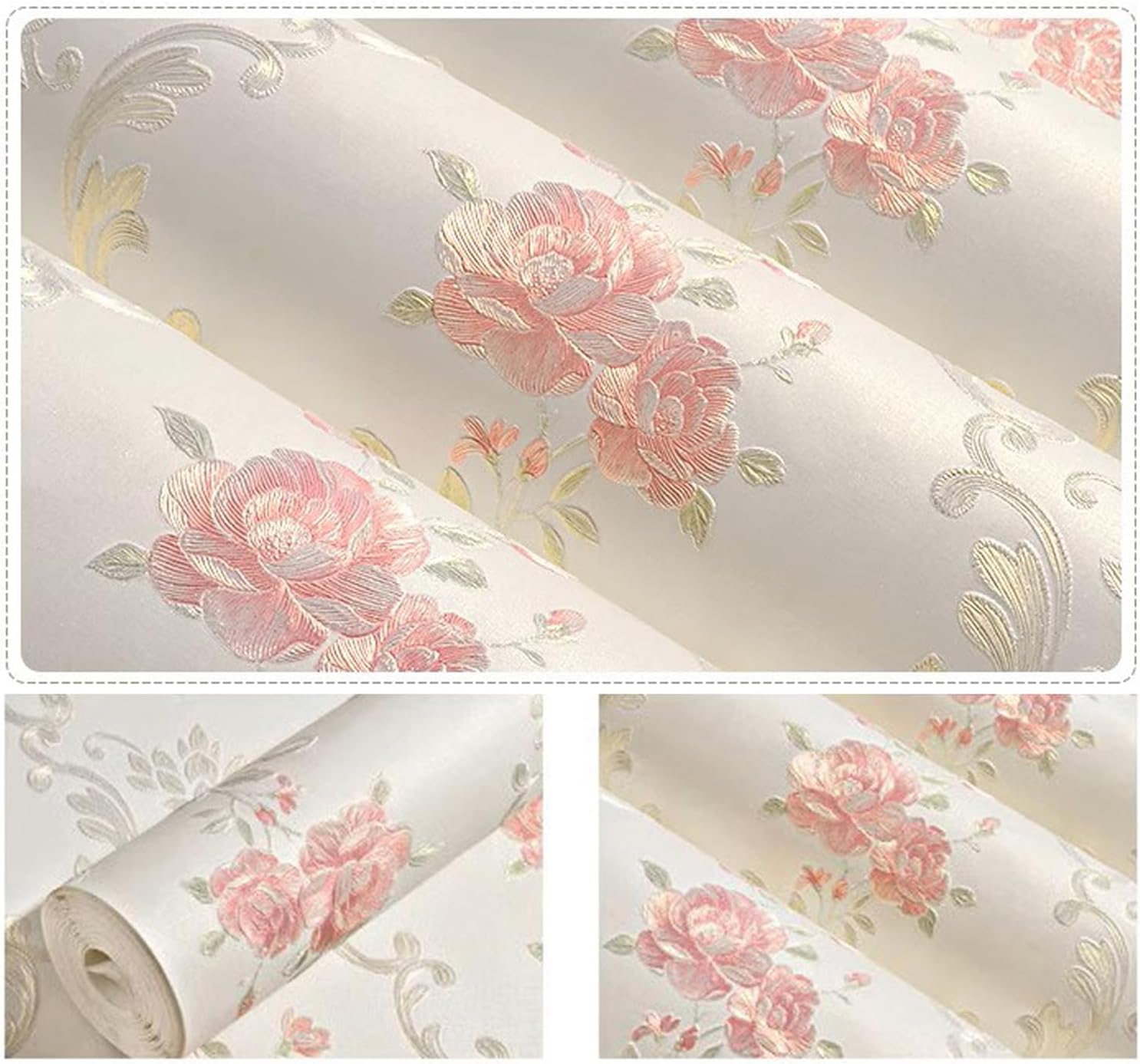 Vintage 3D Embossed Floral Peel and Stick Wallpaper Pink Rose Flower Wall Paper Stick and Peel Damask Flower Contact Paper Decorative for Bedroom Living Room Wall White 20.8" x 197"