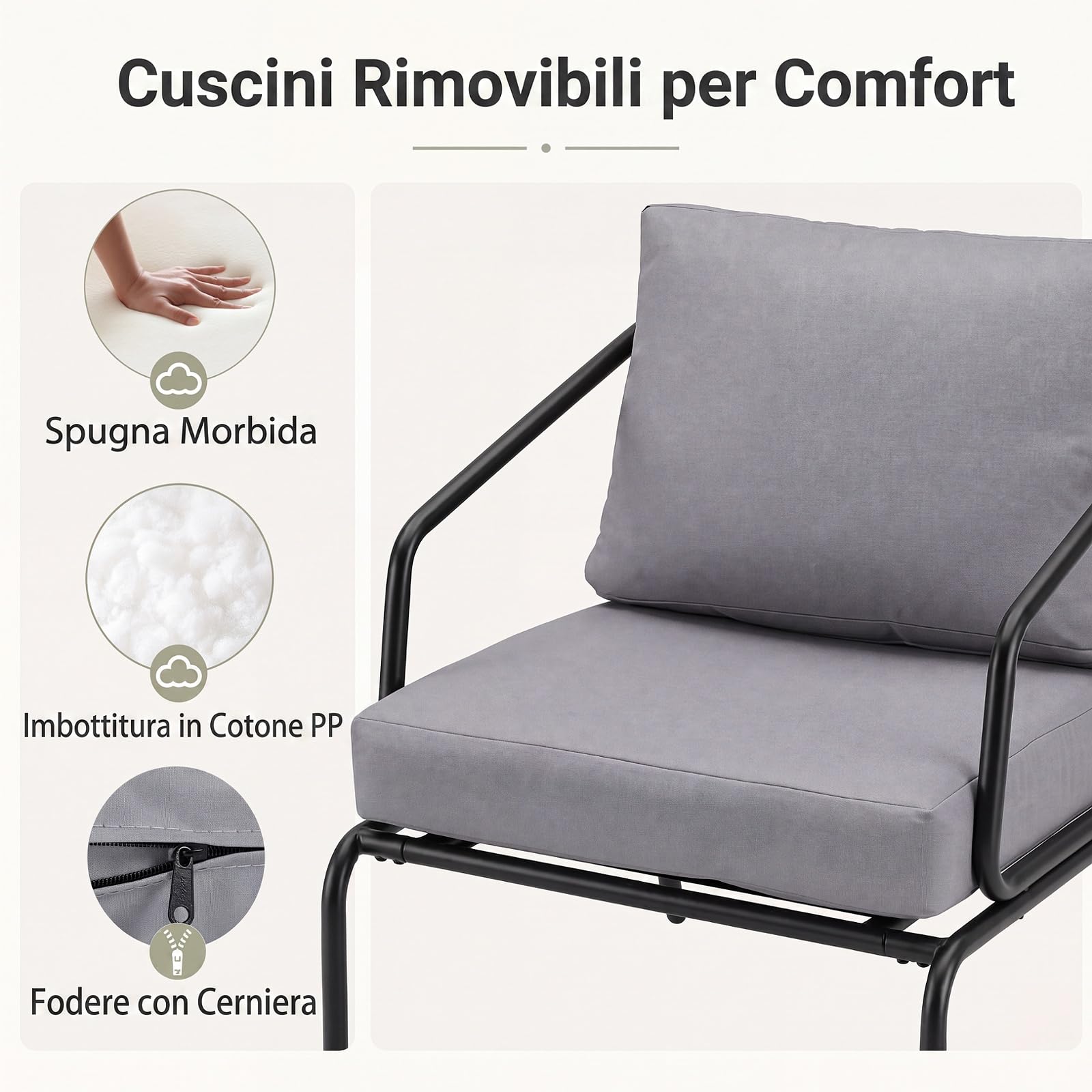 COSTWAY Set 3 Pezzi da Bistrò con Struttura in Metallo e Cuscini Morbidi | Set di Mobili da Esterno con Tavolino Rotondo e 2 Sedie, Piedini Regolabili per Balcone, Cortile e Terrazza