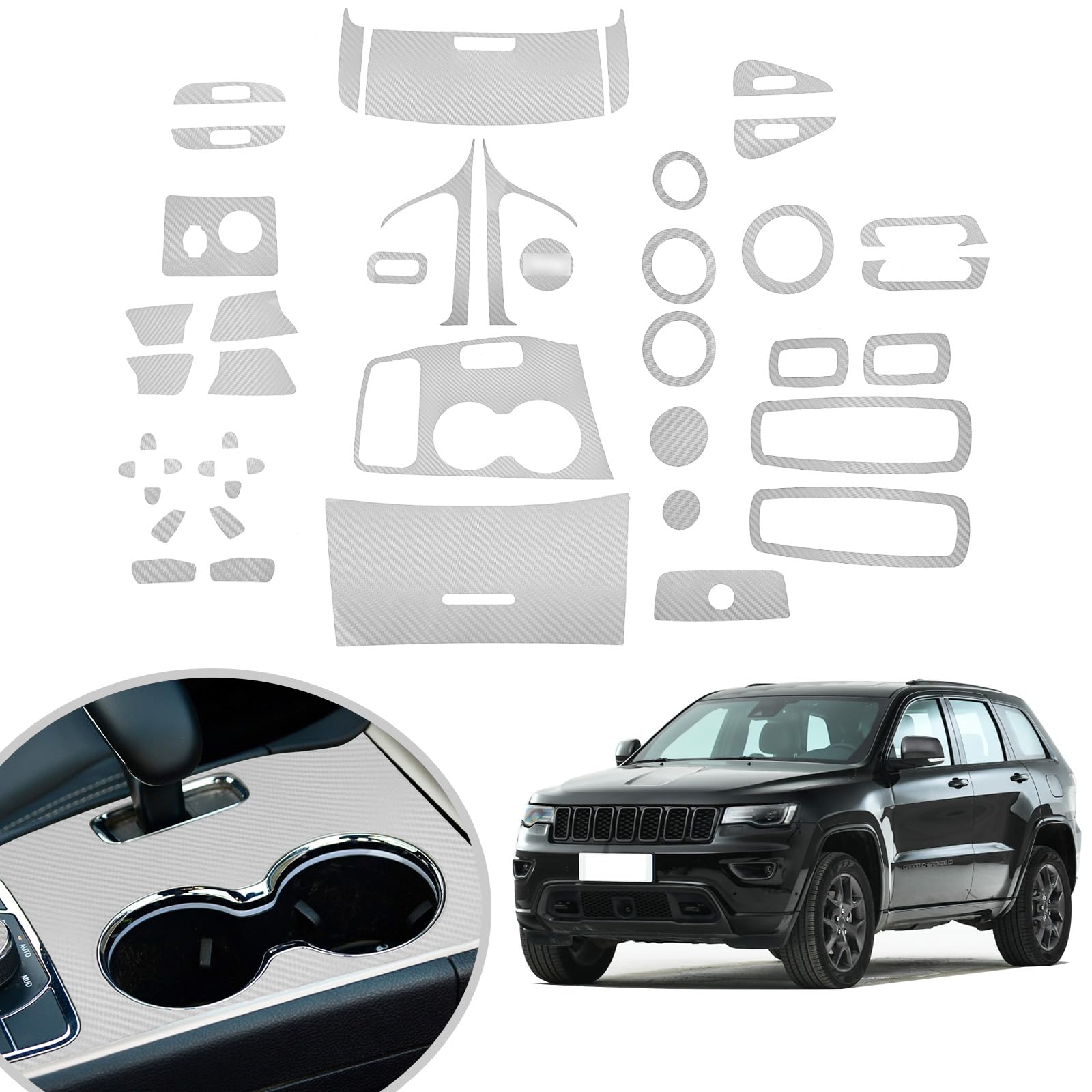 YAMUDA Compatible with Decorative Interior Protection Carbon Fiber Sticker for SUV Grand Cherokee 2014 2015 2016 2017 2018 2019 2020 2021 (Silvery 43pcs)